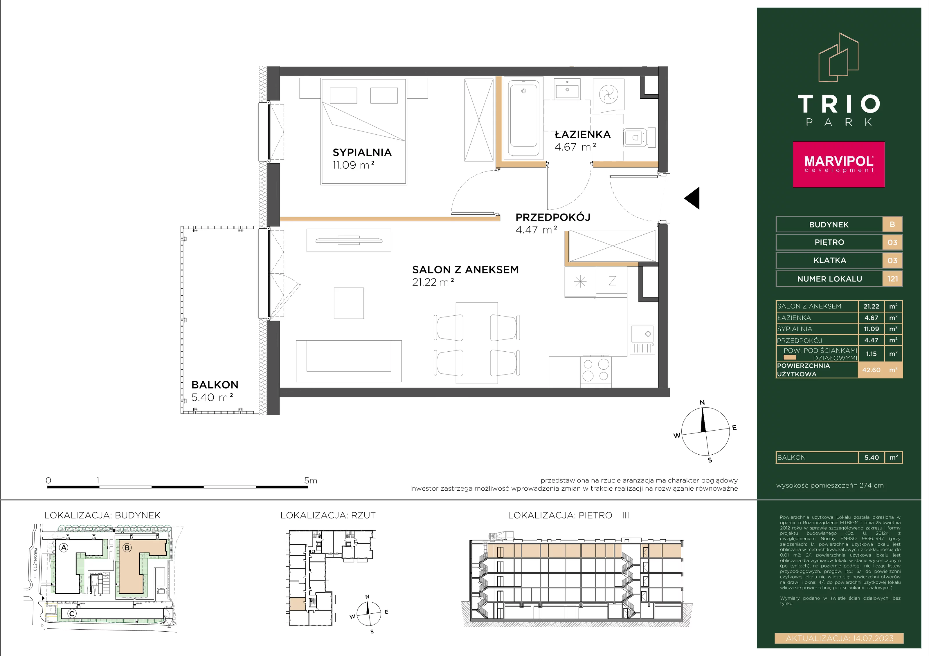 Mieszkanie 42,60 m², piętro 3, oferta nr B121, Trio Park, Wrocław, Klecina, Krzyki, ul. Dożynkowa