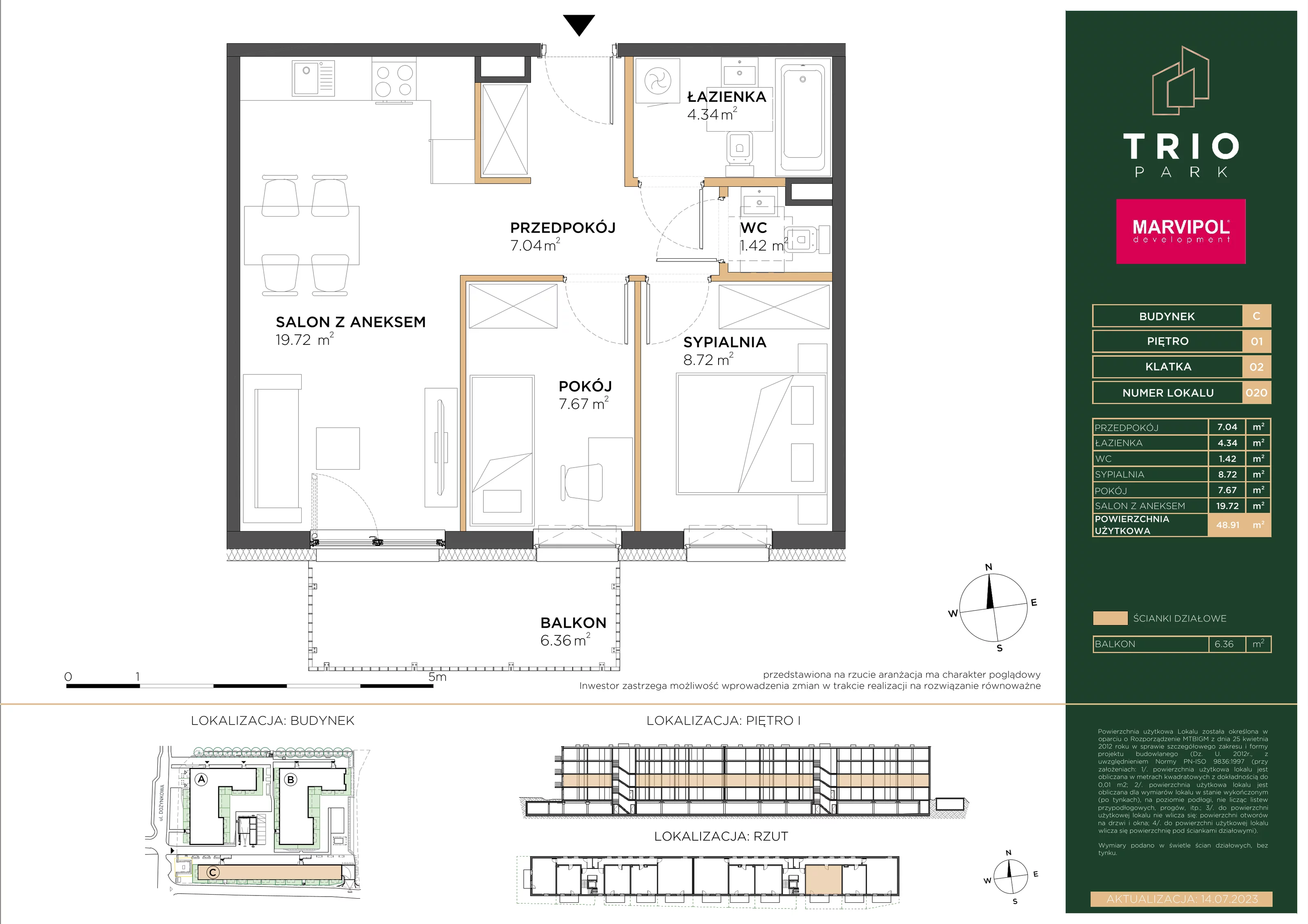 Mieszkanie 48,91 m², piętro 1, oferta nr C020, Trio Park, Wrocław, Klecina, Krzyki, ul. Dożynkowa