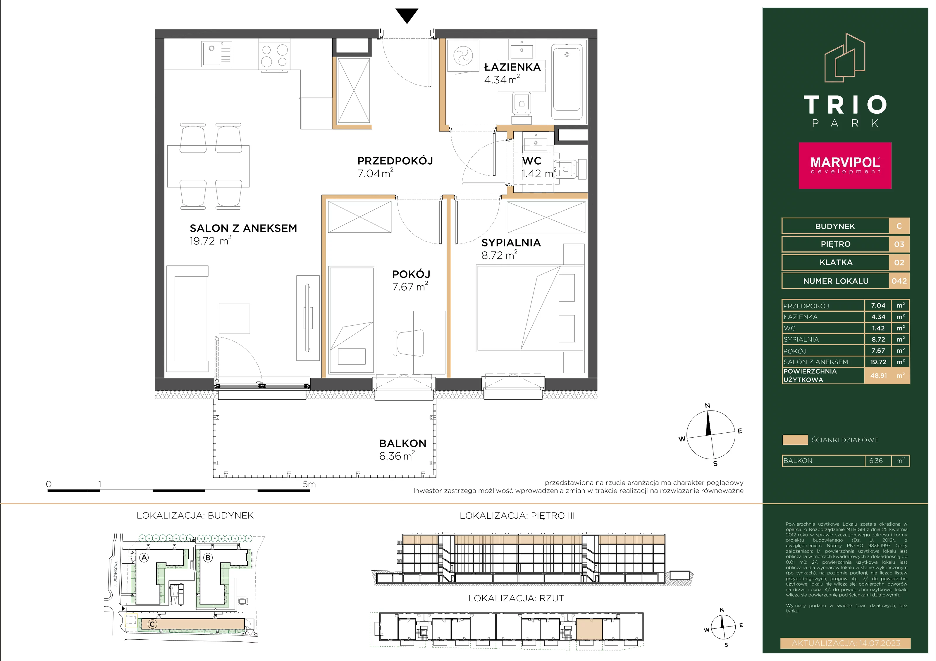 Mieszkanie 48,91 m², piętro 3, oferta nr C042, Trio Park, Wrocław, Klecina, Krzyki, ul. Dożynkowa