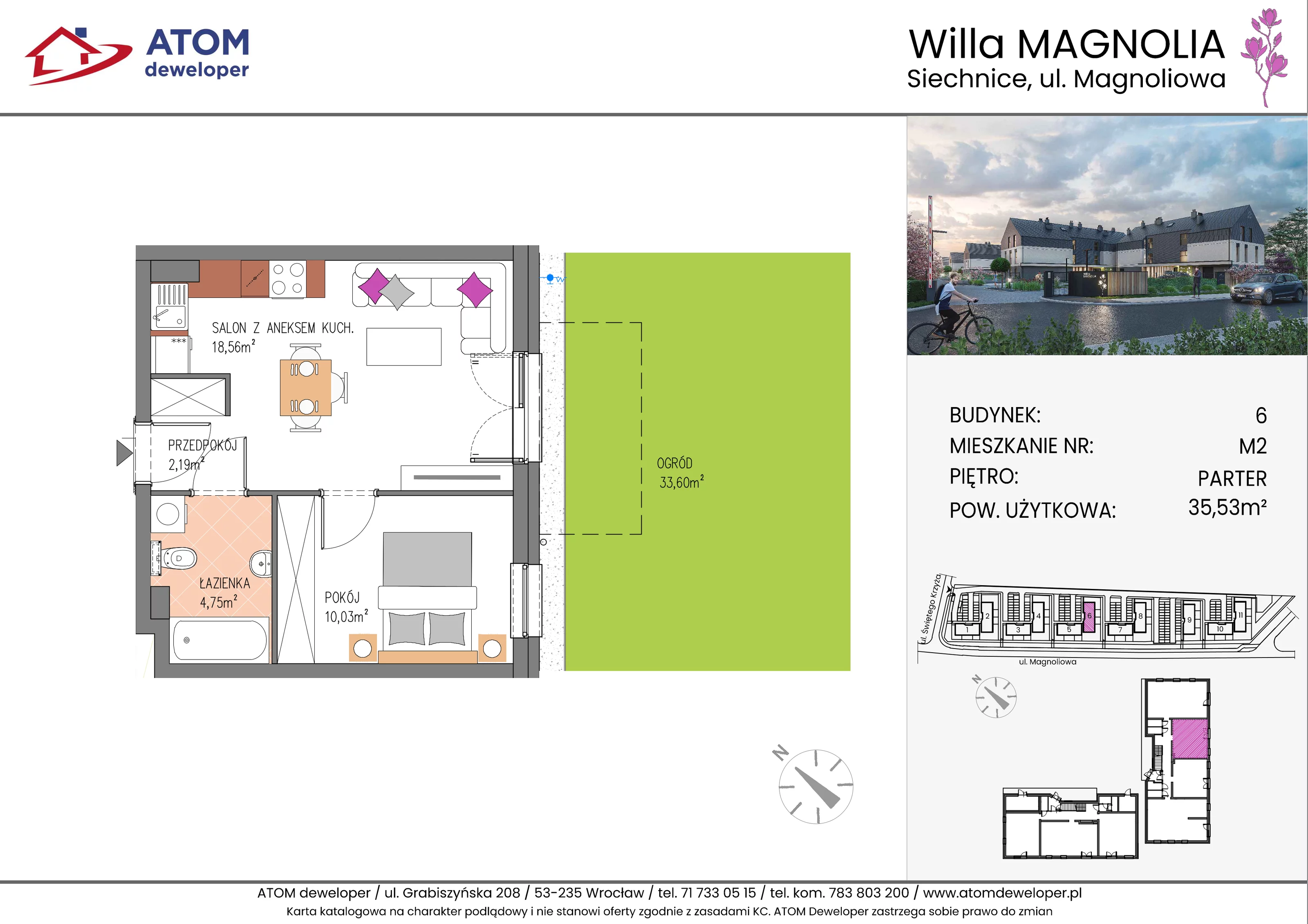 Mieszkanie 35,53 m², parter, oferta nr 6B.M2, Willa Magnolia, Siechnice, ul. Magnoliowa