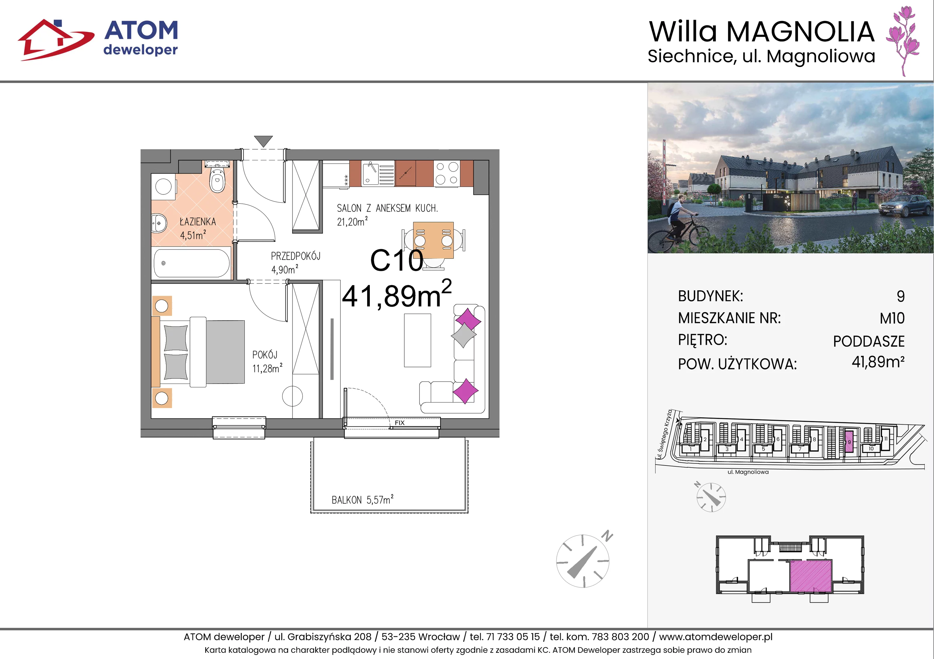 Mieszkanie 41,89 m², piętro 2, oferta nr 9C.M10, Willa Magnolia, Siechnice, ul. Magnoliowa