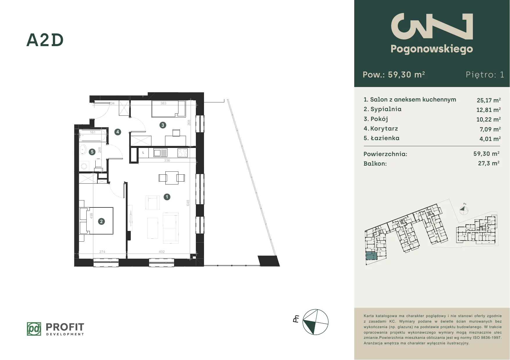 3 pokoje, mieszkanie 59,28 m², piętro 1, oferta nr POGO/A/2D, Pogonowskiego 73, Łódź, Polesie, Stare Polesie, ul. Pogonowskiego 73