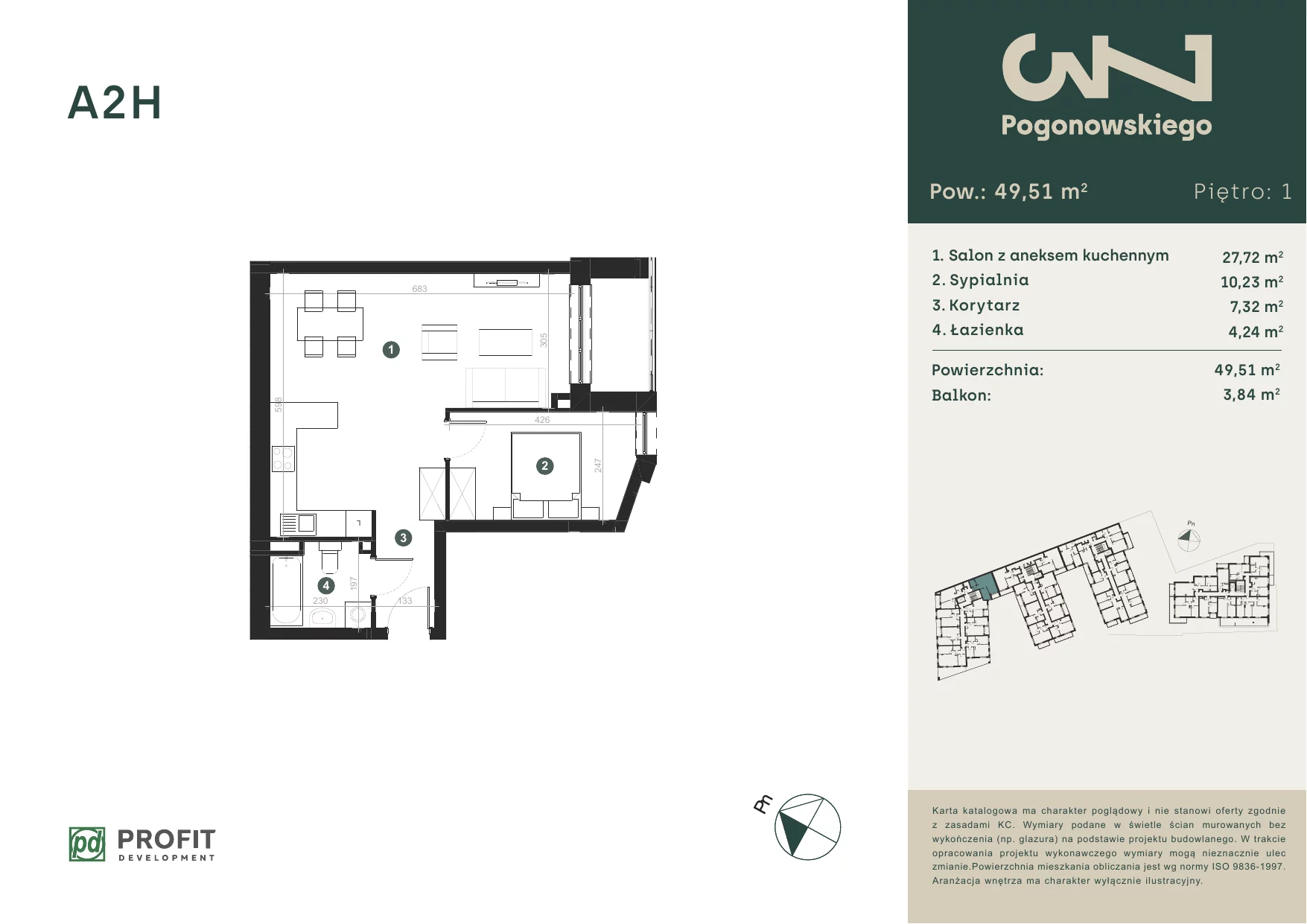 Mieszkanie 49,49 m², piętro 1, oferta nr POGO/A/2H, Pogonowskiego 73, Łódź, Polesie, Stare Polesie, ul. Pogonowskiego 73