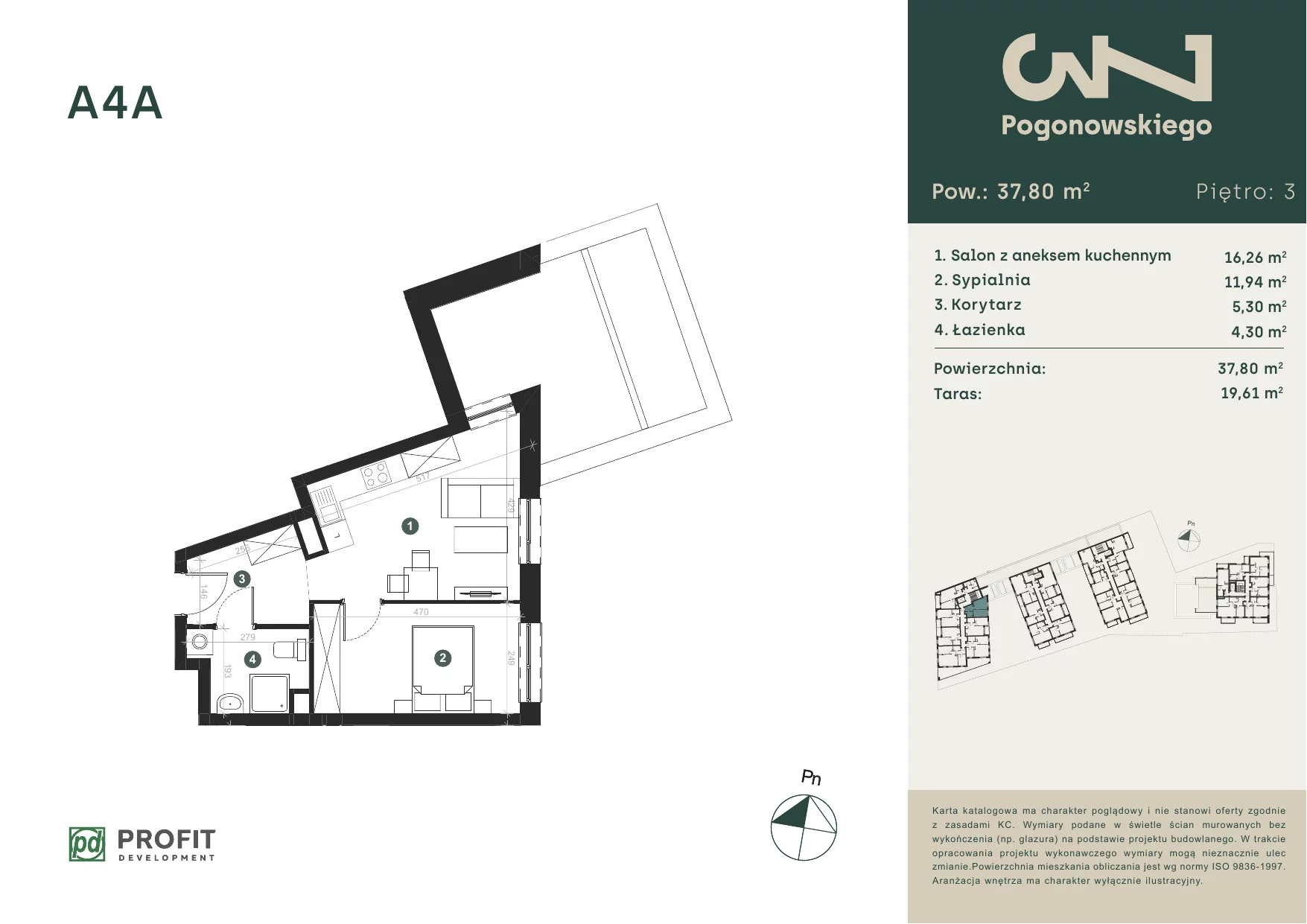 Mieszkanie 38,63 m², piętro 3, oferta nr POGO/A/4A, Pogonowskiego 73, Łódź, Polesie, Stare Polesie, ul. Pogonowskiego 73