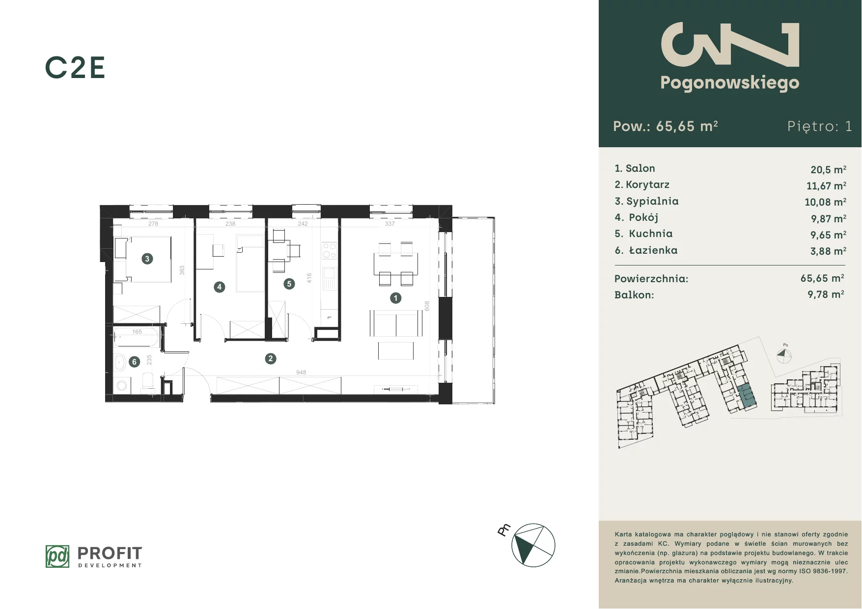 3 pokoje, mieszkanie 65,49 m², piętro 1, oferta nr POGO/C/2E, Pogonowskiego 73, Łódź, Polesie, Stare Polesie, ul. Pogonowskiego 73