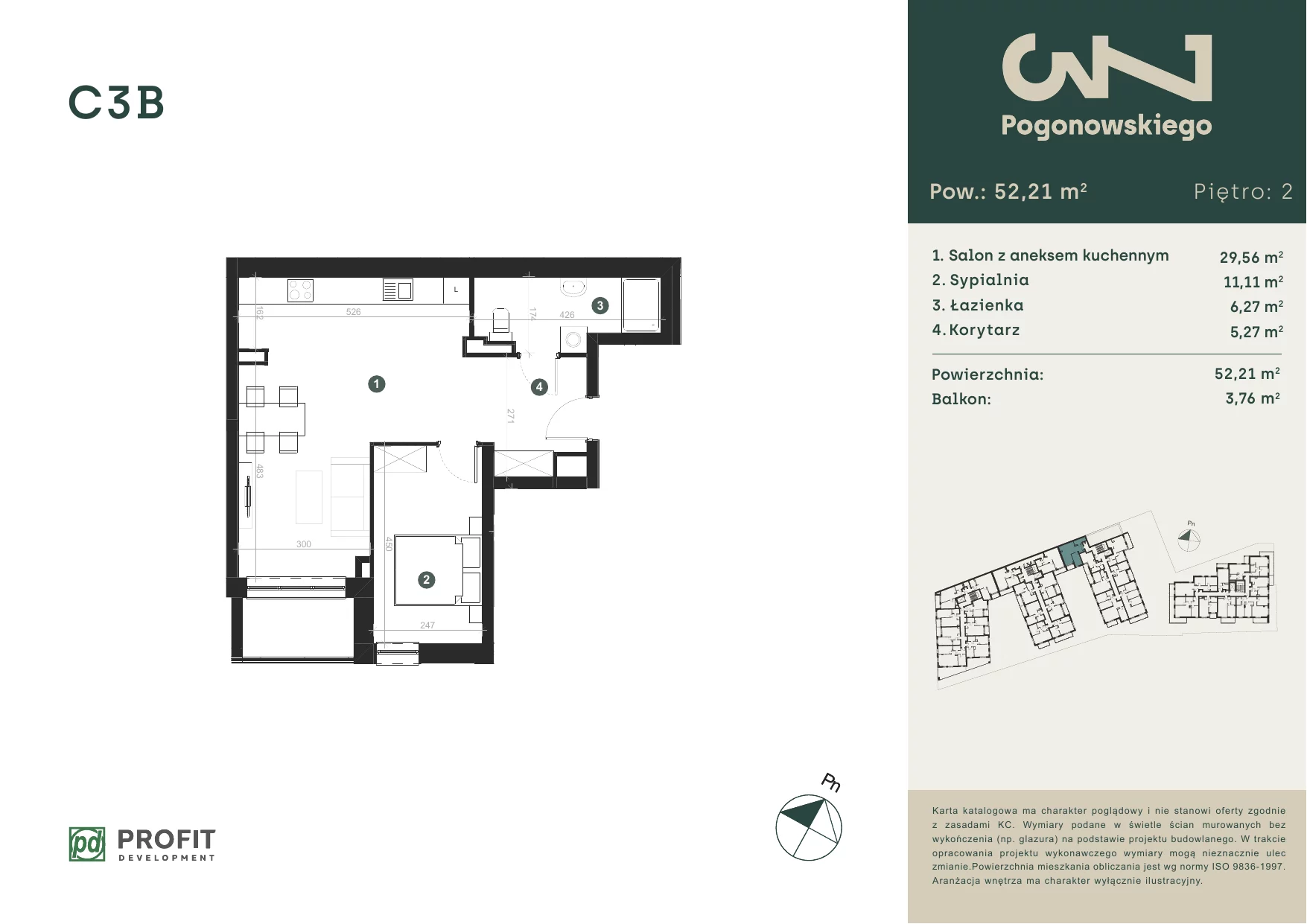 Mieszkanie 51,68 m², piętro 2, oferta nr POGO/C/3B, Pogonowskiego 73, Łódź, Polesie, Stare Polesie, ul. Pogonowskiego 73