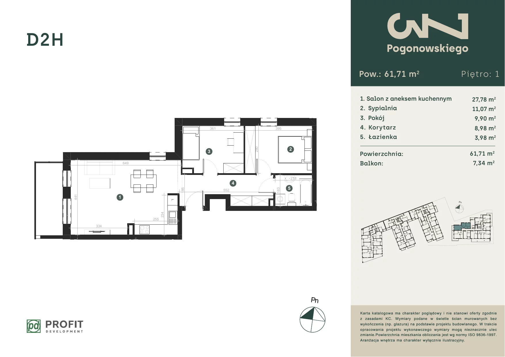 3 pokoje, mieszkanie 61,93 m², piętro 1, oferta nr POGO/D/2H, Pogonowskiego 73, Łódź, Polesie, Stare Polesie, ul. Pogonowskiego 73