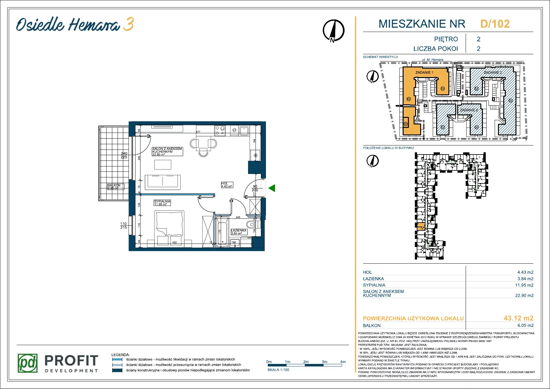 Mieszkanie 43,08 m², piętro 2, oferta nr 102, Osiedle Hemara 3, Warszawa, Białołęka, Brzeziny, ul. Mariana Hemara