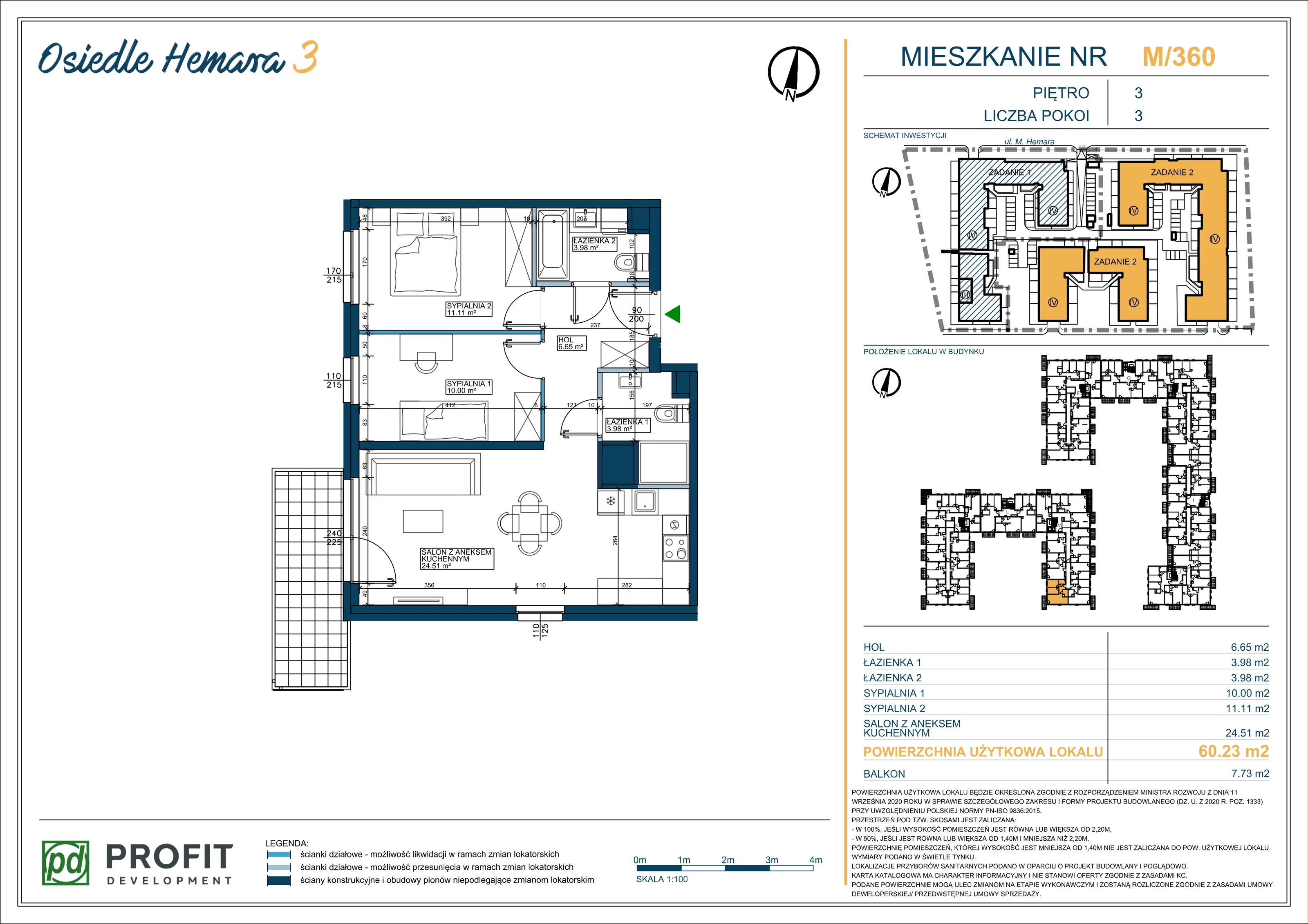 3 pokoje, mieszkanie 60,23 m², piętro 3, oferta nr OH3-2/M/4/360, Osiedle Hemara 3, Warszawa, Białołęka, Brzeziny, ul. Mariana Hemara