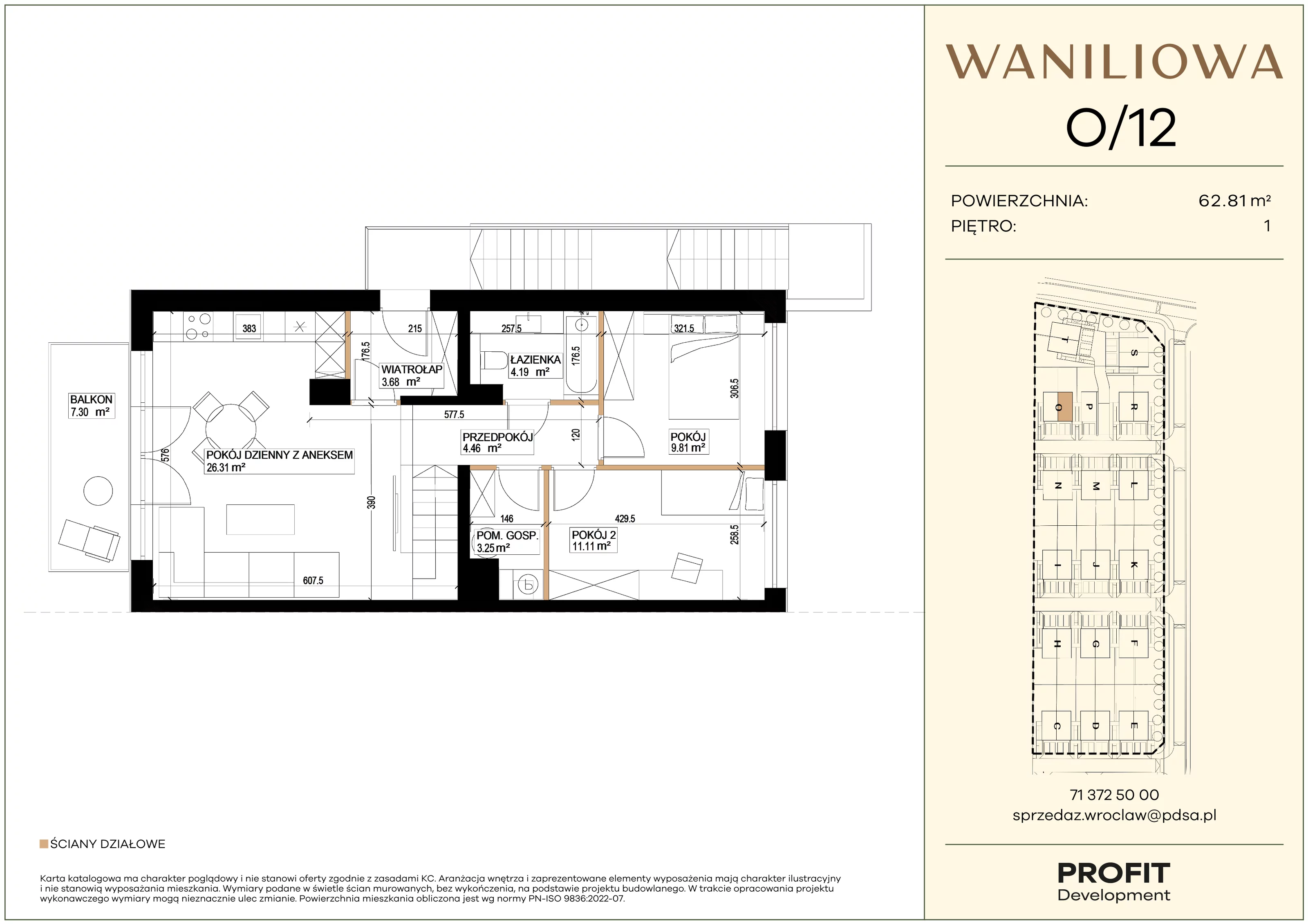 3 pokoje, mieszkanie 62,81 m², piętro 1, oferta nr WA1/O/12, Waniliowa, Wrocław, Lipa Piotrowska, Psie Pole, ul. Waniliowa