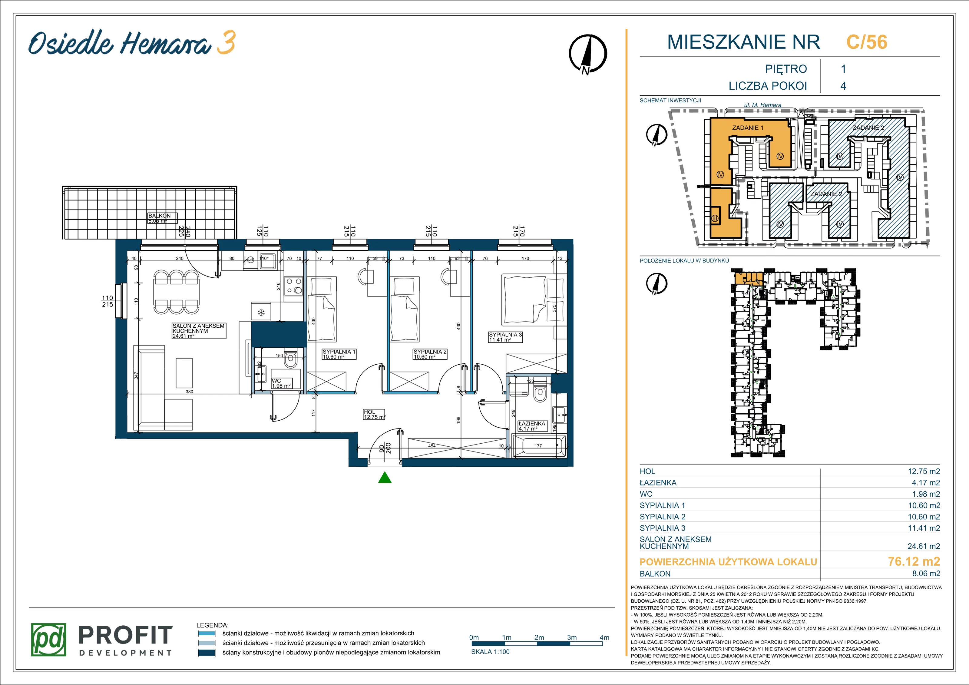 4 pokoje, mieszkanie 76,19 m², piętro 1, oferta nr OH3-1/C/2/56, Osiedle Hemara 3, Warszawa, Białołęka, Brzeziny, ul. Mariana Hemara