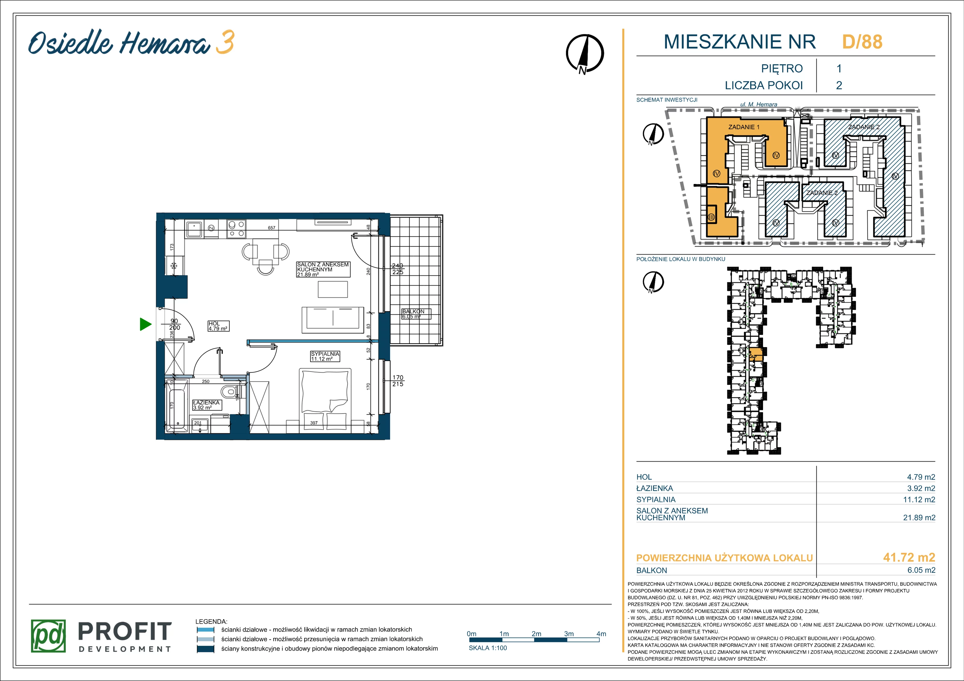 Mieszkanie 41,71 m², piętro 1, oferta nr OH3-1/D/2/88, Osiedle Hemara 3, Warszawa, Białołęka, Brzeziny, ul. Mariana Hemara