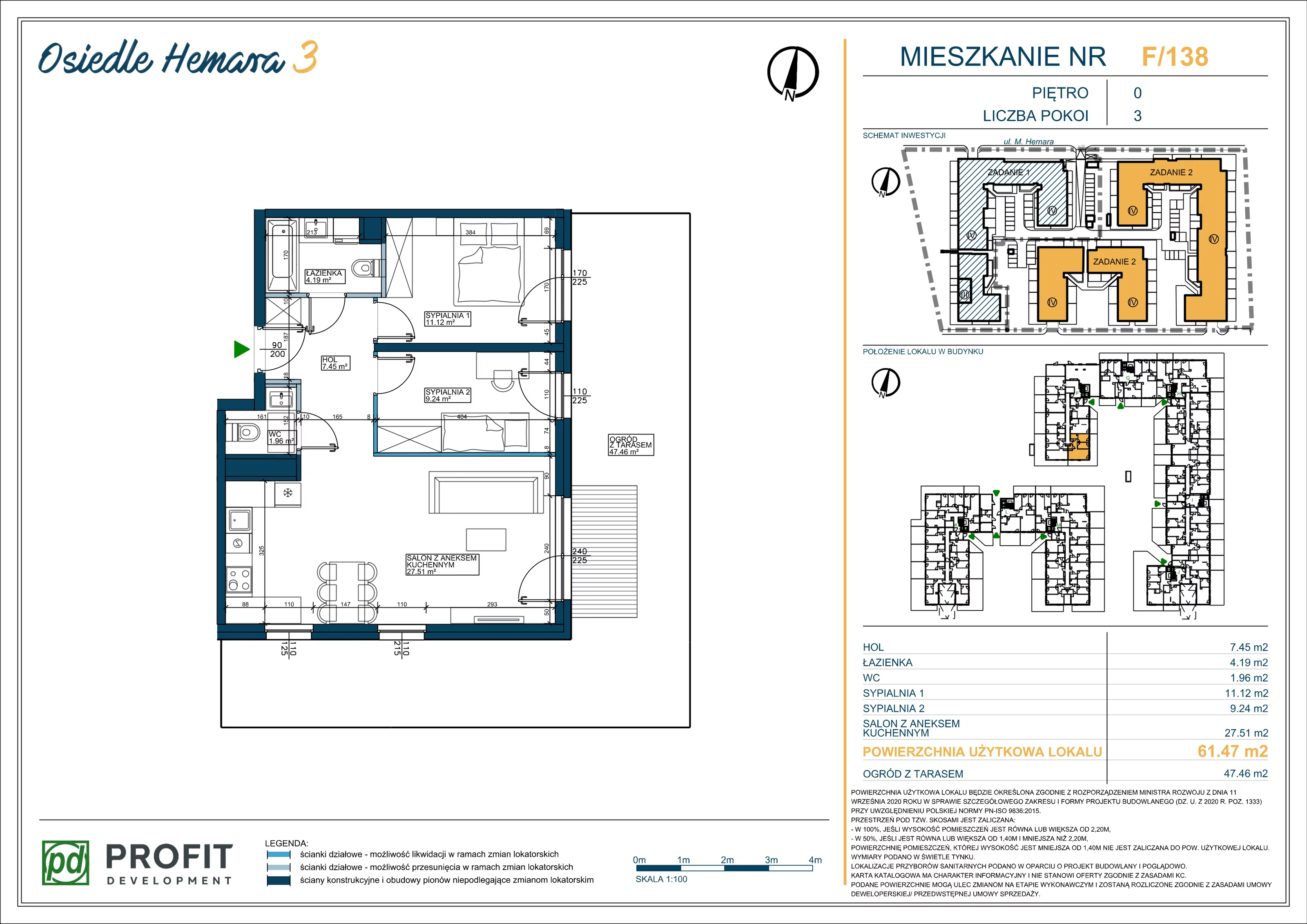 3 pokoje, mieszkanie 61,47 m², parter, oferta nr OH3-2/F/1/138, Osiedle Hemara 3, Warszawa, Białołęka, Brzeziny, ul. Mariana Hemara