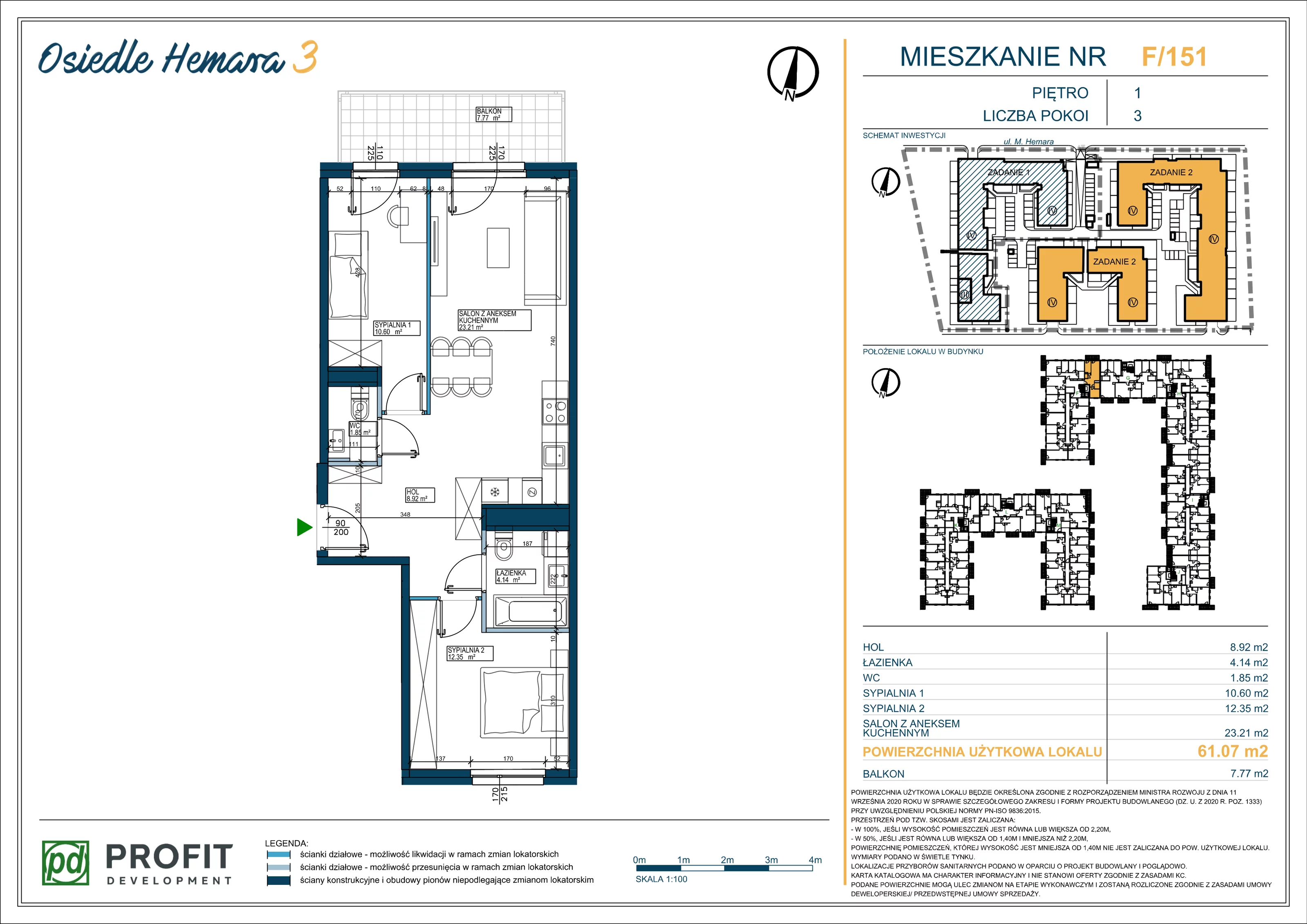 3 pokoje, mieszkanie 61,07 m², piętro 1, oferta nr OH3-2/F/2/151, Osiedle Hemara 3, Warszawa, Białołęka, Brzeziny, ul. Mariana Hemara