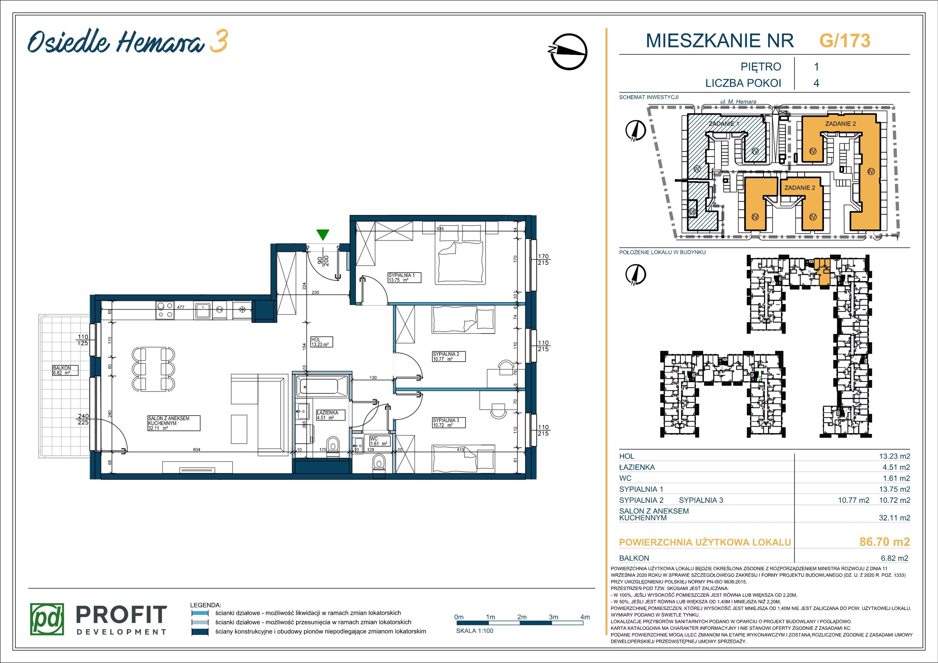 4 pokoje, mieszkanie 86,70 m², piętro 1, oferta nr OH3-2/G/2/173, Osiedle Hemara 3, Warszawa, Białołęka, Brzeziny, ul. Mariana Hemara