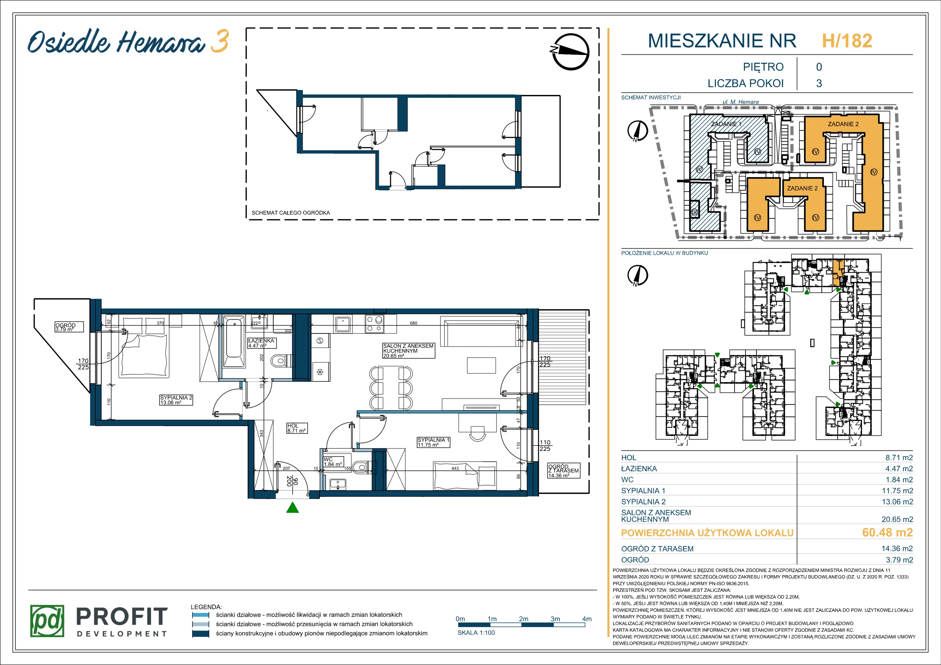 3 pokoje, mieszkanie 60,48 m², parter, oferta nr OH3-2/H/1/182, Osiedle Hemara 3, Warszawa, Białołęka, Brzeziny, ul. Mariana Hemara