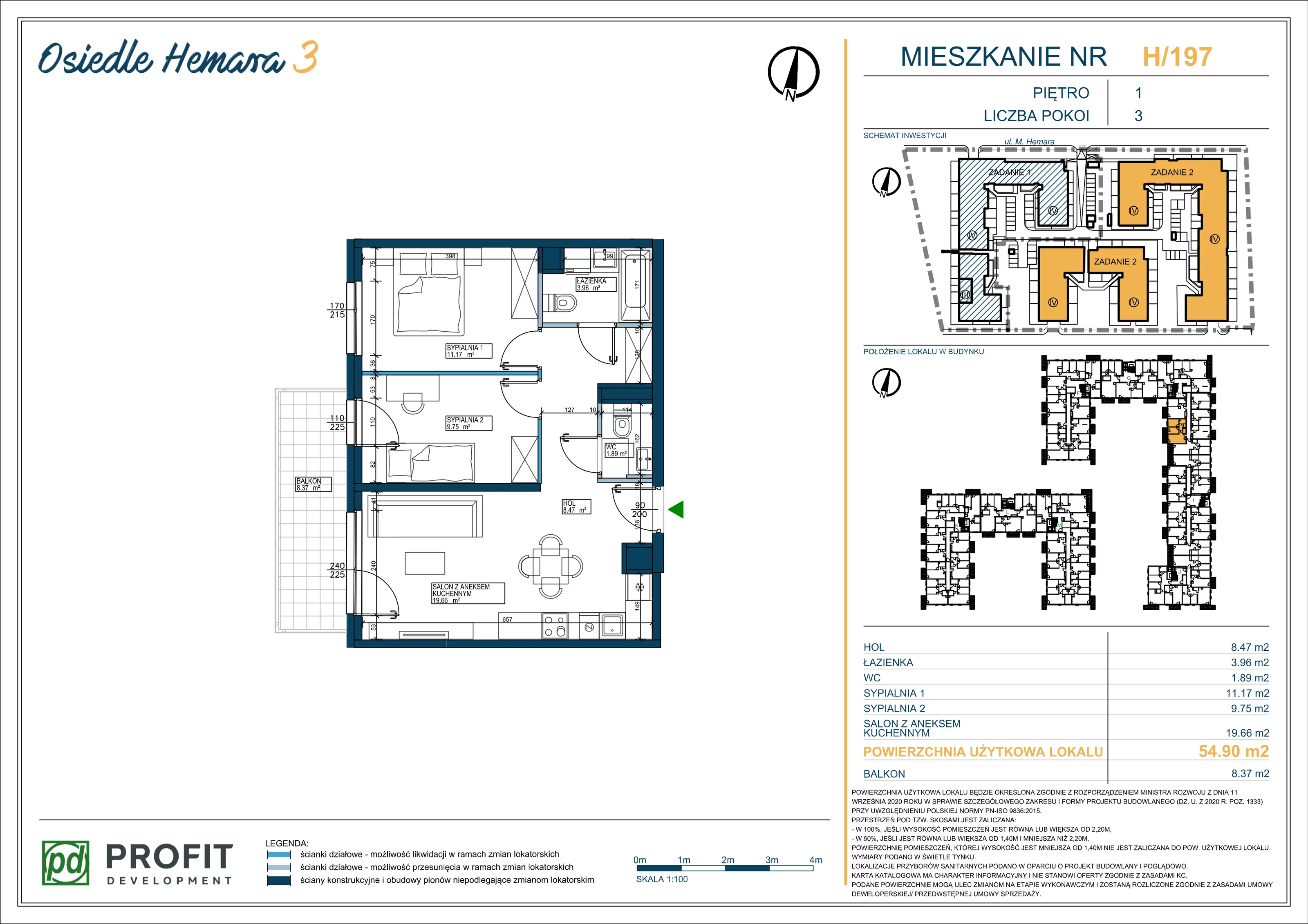 3 pokoje, mieszkanie 54,90 m², piętro 1, oferta nr OH3-2/H/2/197, Osiedle Hemara 3, Warszawa, Białołęka, Brzeziny, ul. Mariana Hemara