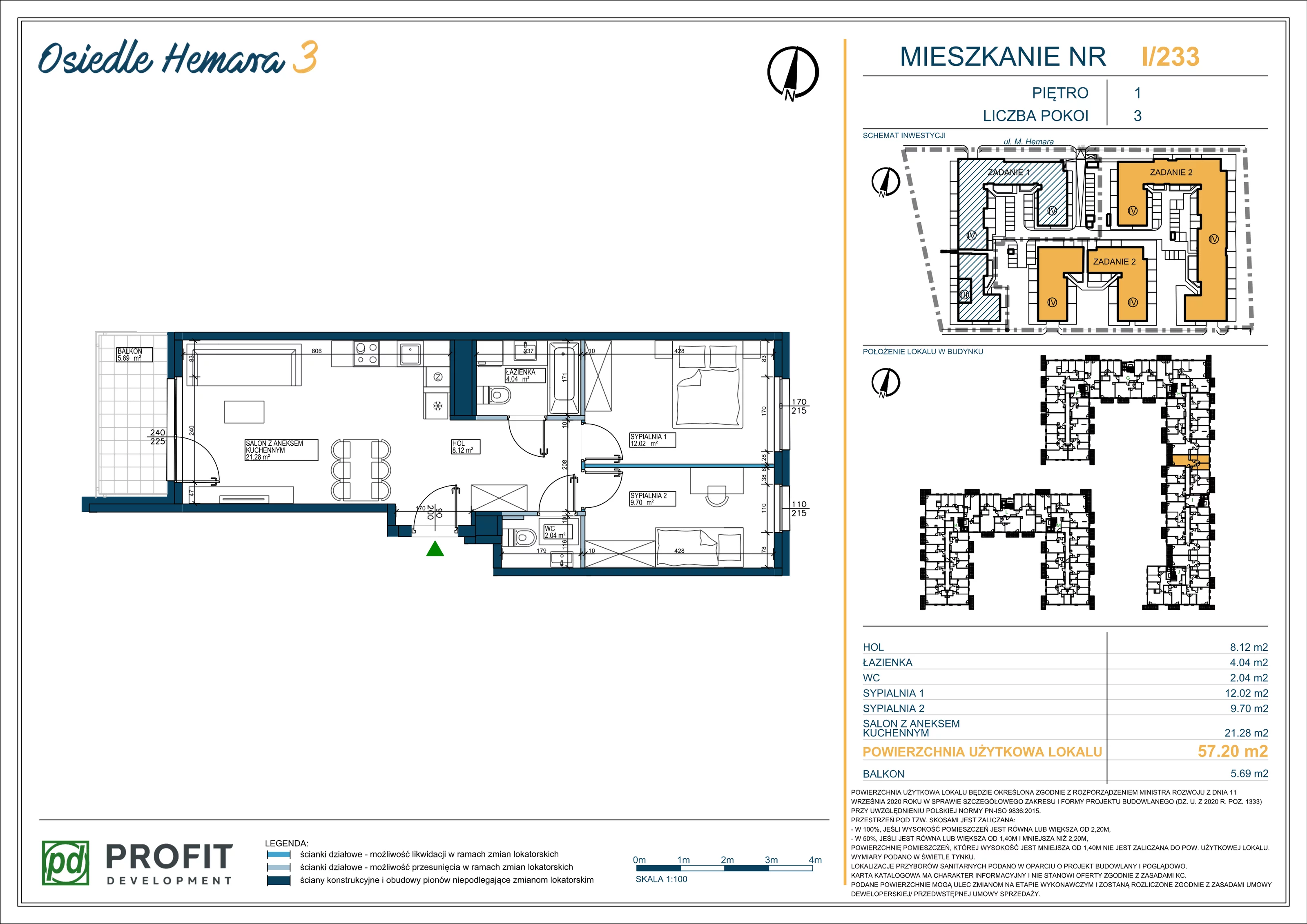 3 pokoje, mieszkanie 57,20 m², piętro 1, oferta nr OH3-2/I/2/233, Osiedle Hemara 3, Warszawa, Białołęka, Brzeziny, ul. Mariana Hemara