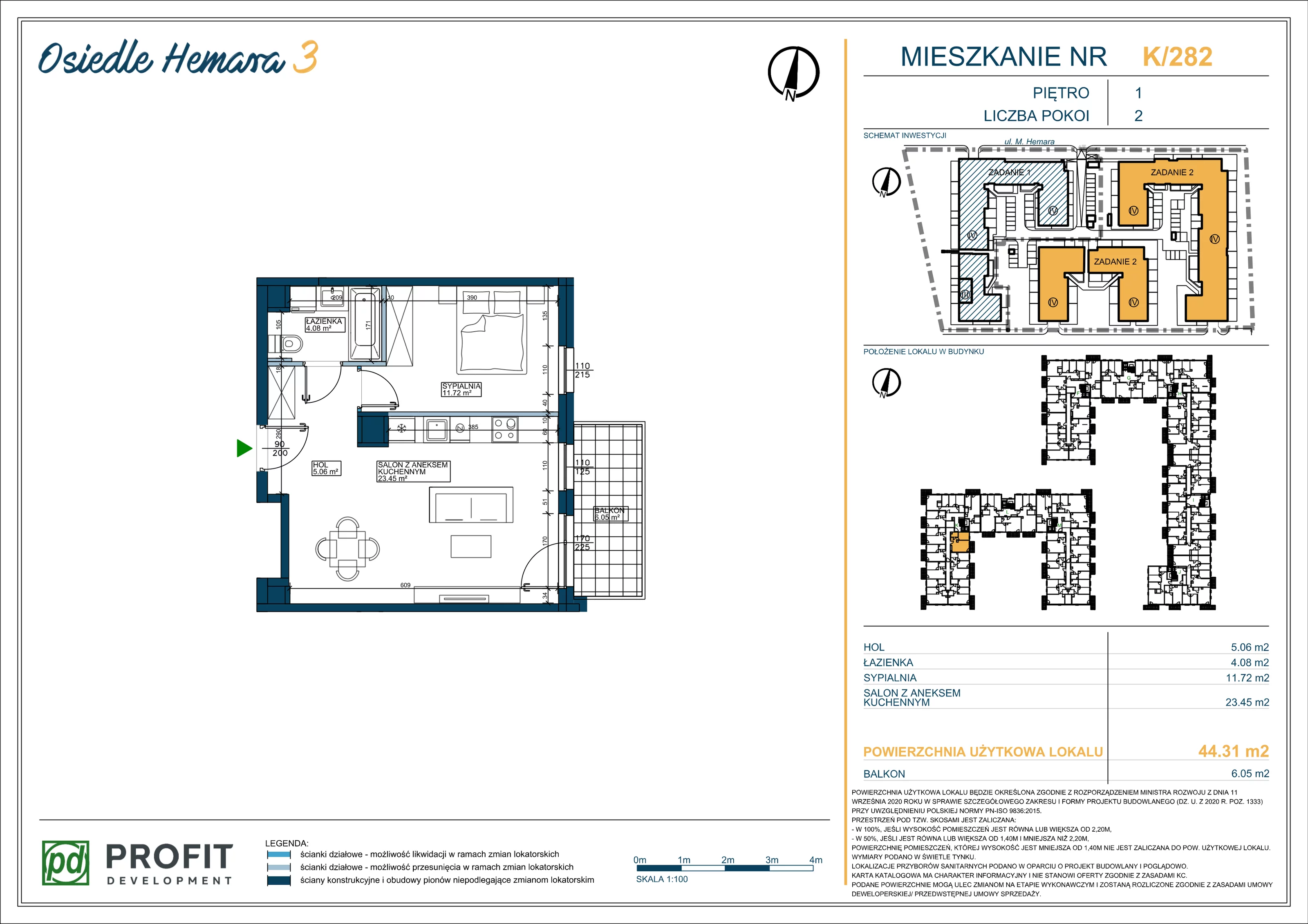 Mieszkanie 44,31 m², piętro 1, oferta nr OH3-2/K/2/282, Osiedle Hemara 3, Warszawa, Białołęka, Brzeziny, ul. Mariana Hemara