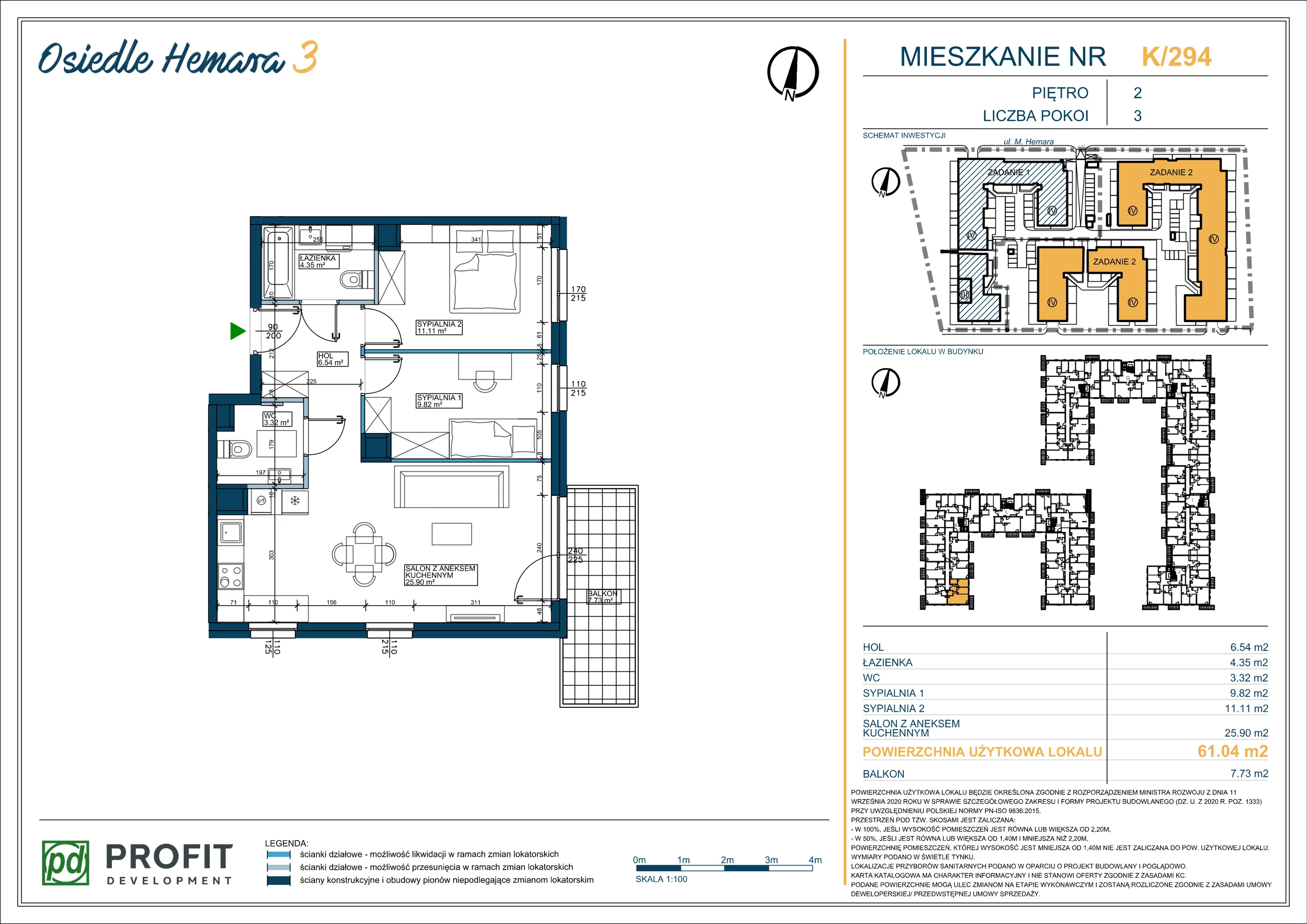 3 pokoje, mieszkanie 61,04 m², piętro 2, oferta nr OH3-2/K/3/294, Osiedle Hemara 3, Warszawa, Białołęka, Brzeziny, ul. Mariana Hemara