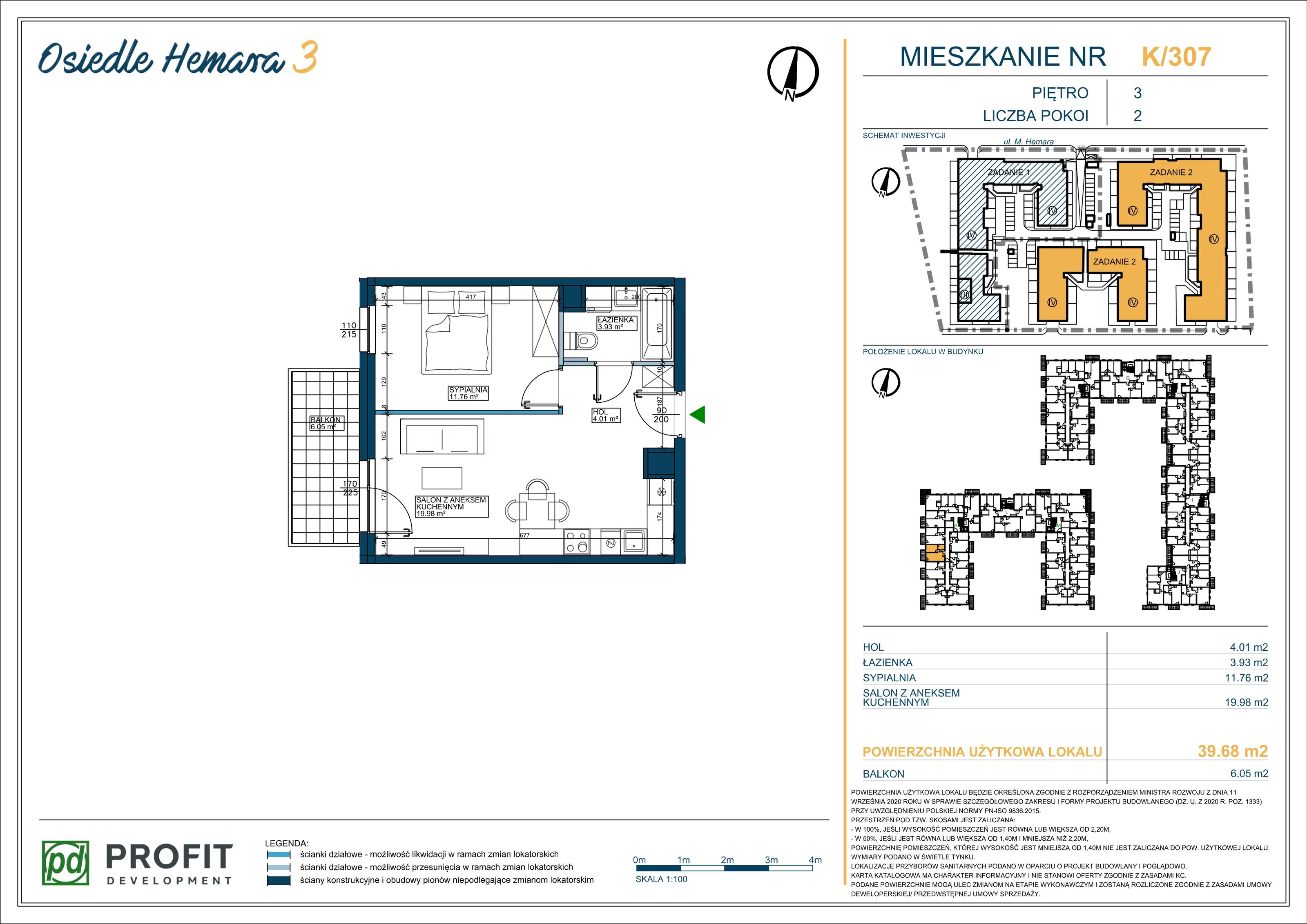 Mieszkanie 39,68 m², piętro 3, oferta nr OH3-2/K/4/307, Osiedle Hemara 3, Warszawa, Białołęka, Brzeziny, ul. Mariana Hemara