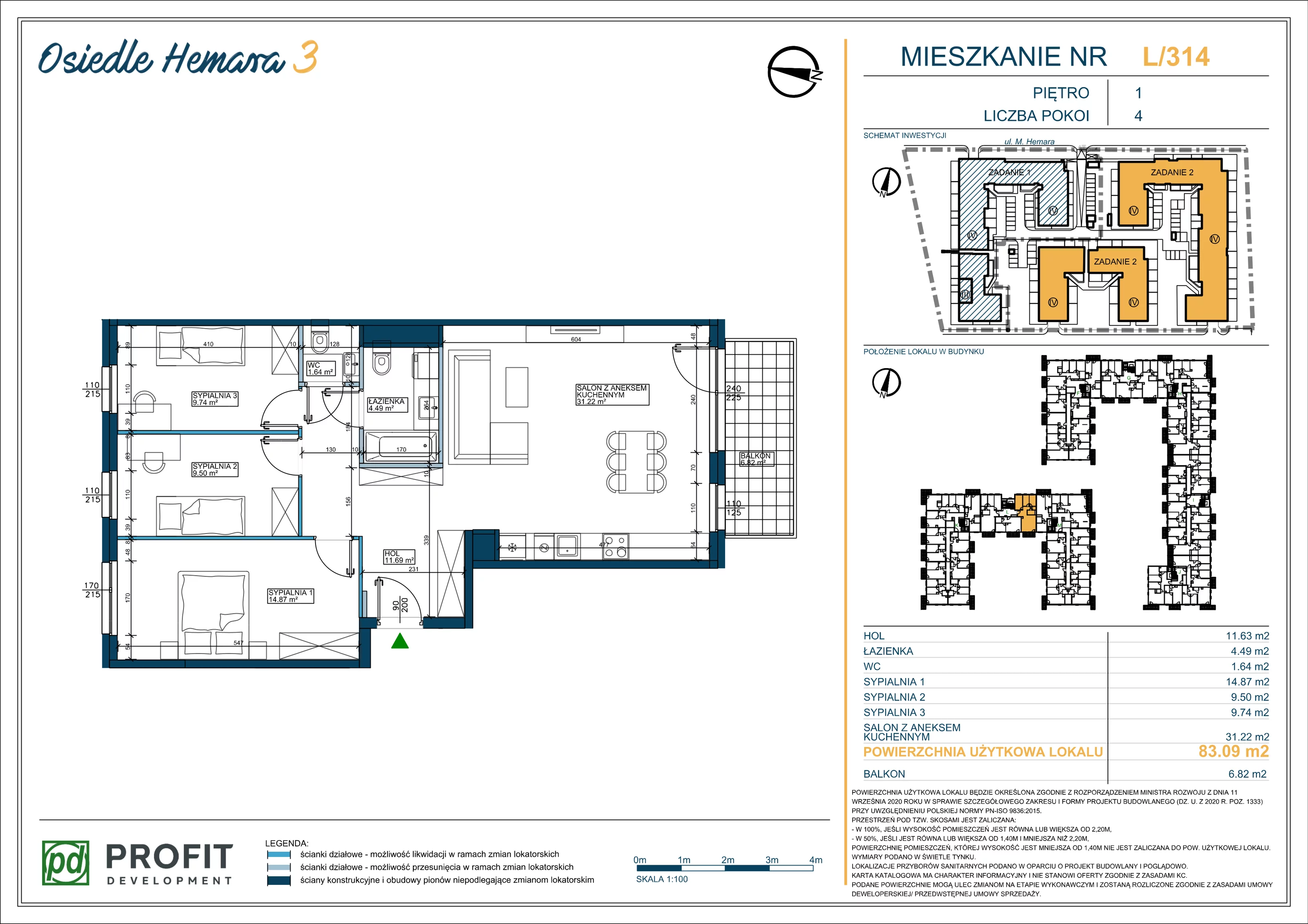 4 pokoje, mieszkanie 83,09 m², piętro 1, oferta nr OH3-2/L/2/314, Osiedle Hemara 3, Warszawa, Białołęka, Brzeziny, ul. Mariana Hemara