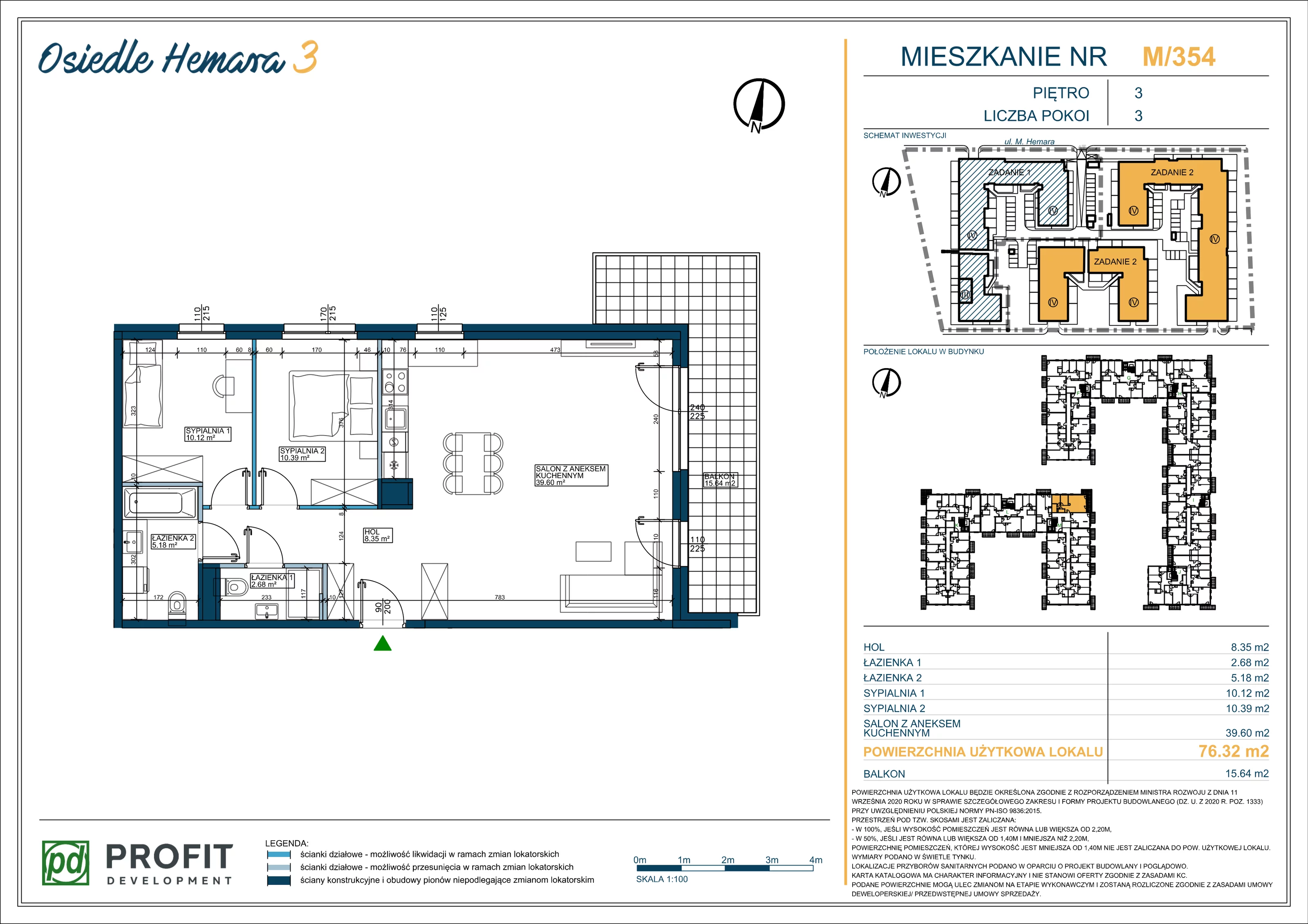 3 pokoje, mieszkanie 76,32 m², piętro 3, oferta nr OH3-2/M/4/354, Osiedle Hemara 3, Warszawa, Białołęka, Brzeziny, ul. Mariana Hemara