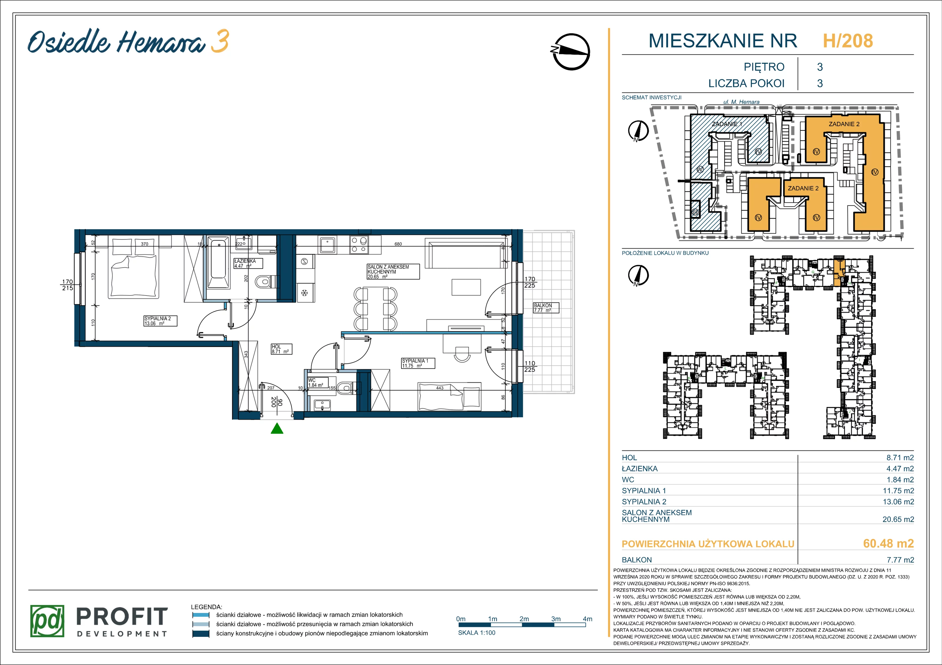 Mieszkanie 60,48 m², piętro 3, oferta nr 208, Osiedle Hemara 3, Warszawa, Białołęka, Brzeziny, ul. Mariana Hemara