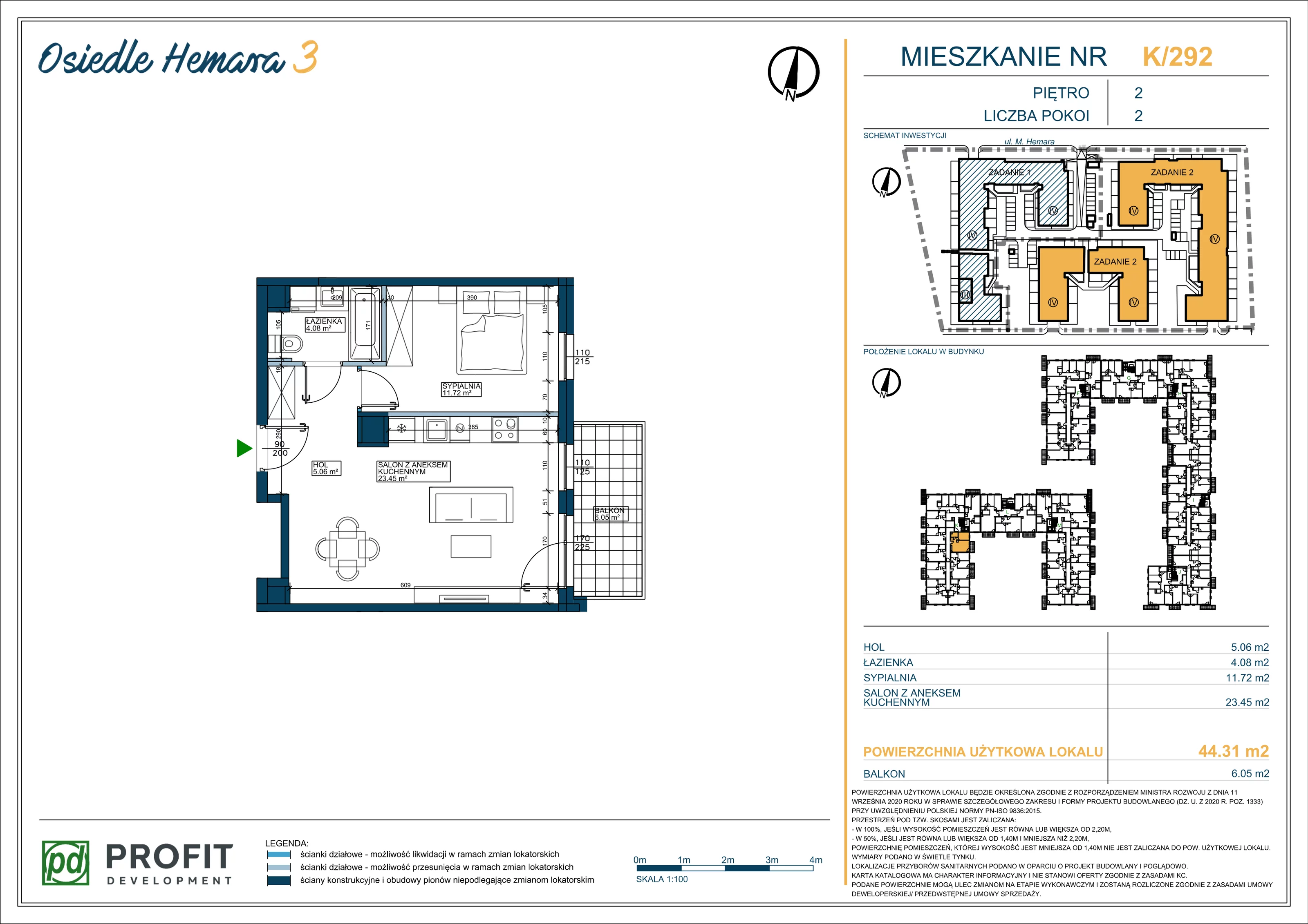 Mieszkanie 44,31 m², piętro 2, oferta nr 292, Osiedle Hemara 3, Warszawa, Białołęka, Brzeziny, ul. Mariana Hemara