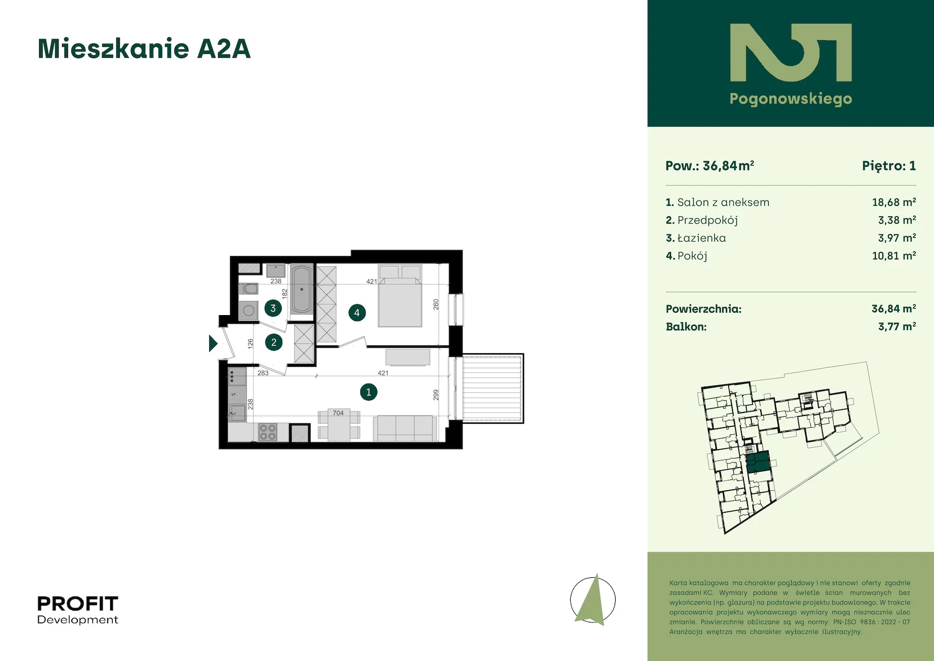 2 pokoje, mieszkanie 36,84 m², piętro 1, oferta nr POGO2/A/2A, Pogonowskiego 52, Łódź, Polesie, Stare Polesie, ul. Pogonowskiego 52
