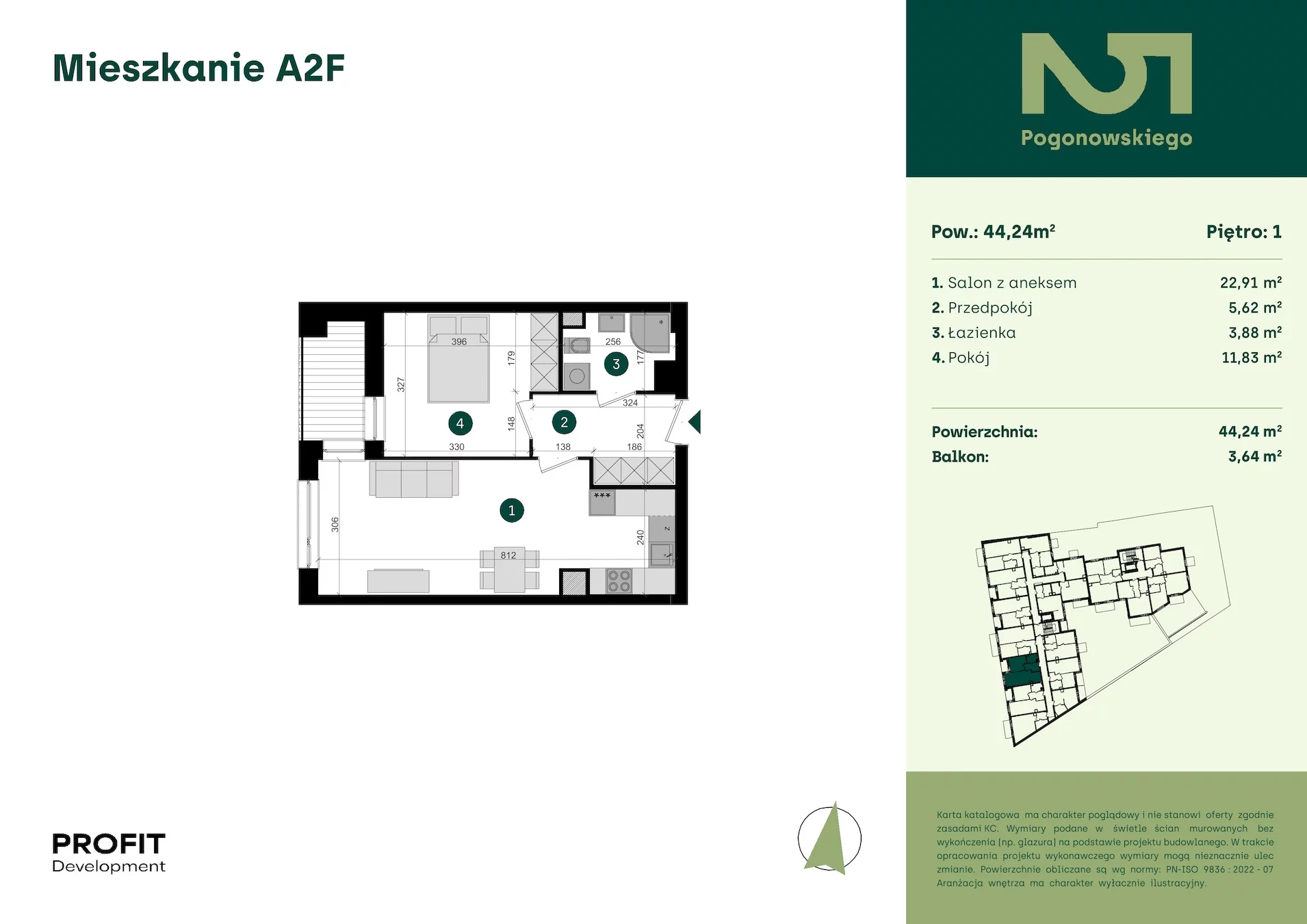 2 pokoje, mieszkanie 44,24 m², piętro 1, oferta nr POGO2/A/2F, Pogonowskiego 52, Łódź, Polesie, Stare Polesie, ul. Pogonowskiego 52
