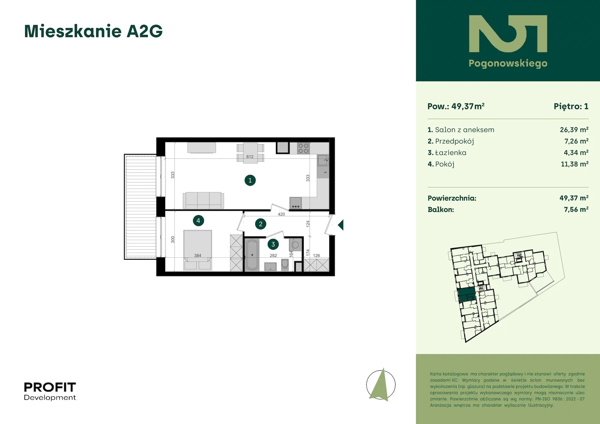 2 pokoje, mieszkanie 49,37 m², piętro 1, oferta nr POGO2/A/2G, Pogonowskiego 52, Łódź, Polesie, Stare Polesie, ul. Pogonowskiego 52