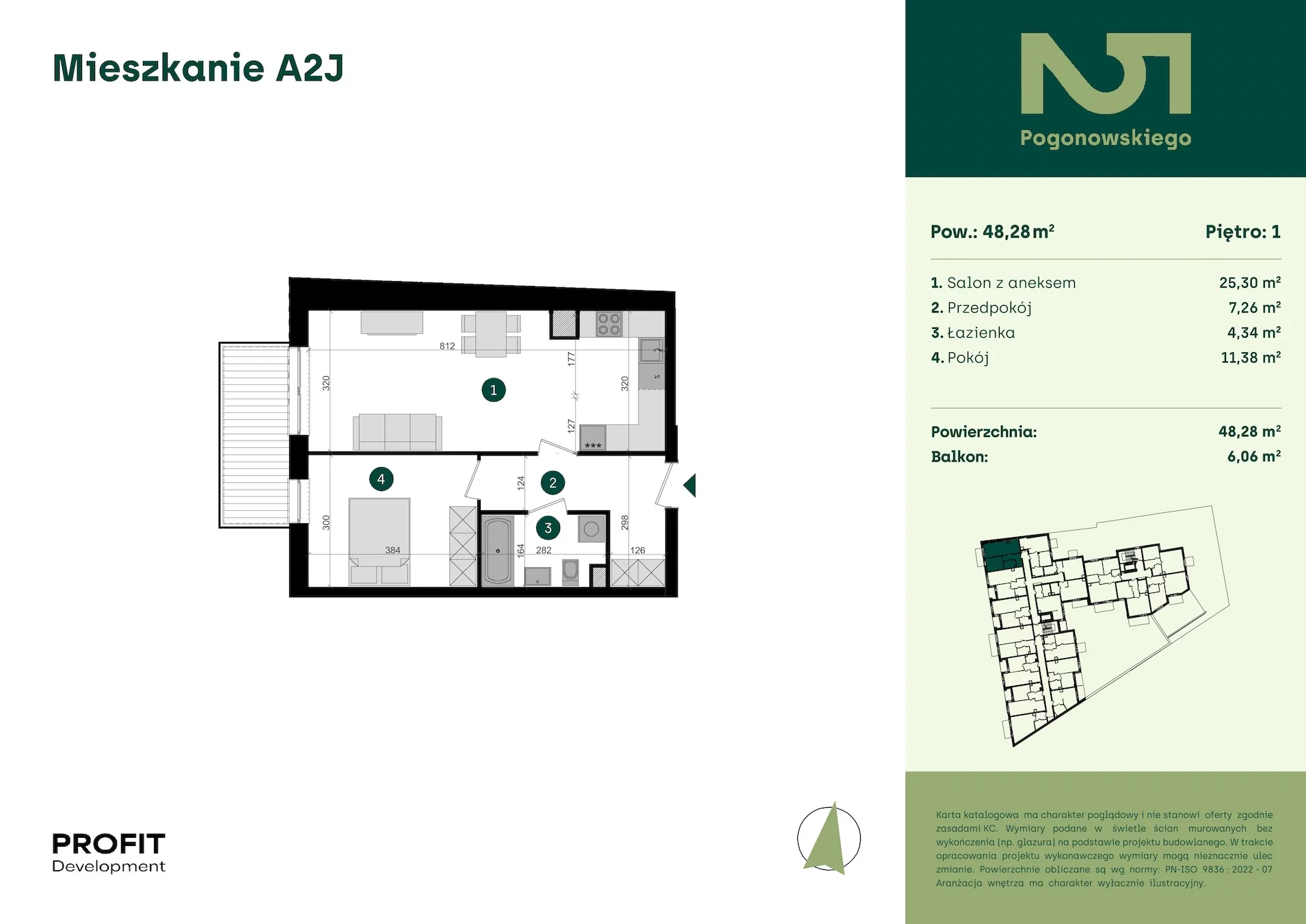 2 pokoje, mieszkanie 48,28 m², piętro 1, oferta nr POGO2/A/2J, Pogonowskiego 52, Łódź, Polesie, Stare Polesie, ul. Pogonowskiego 52