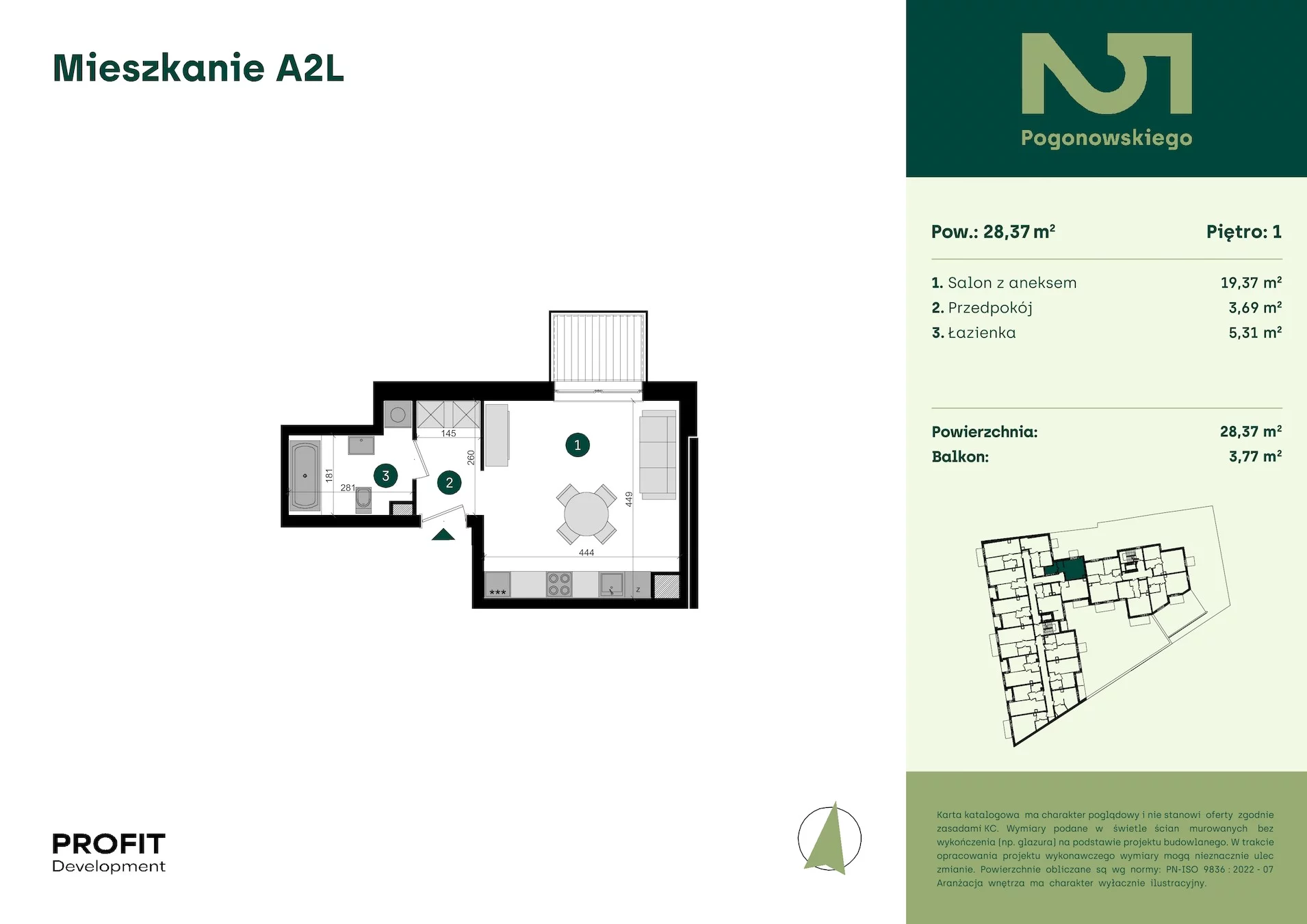 1 pokój, mieszkanie 28,37 m², piętro 1, oferta nr POGO2/A/2L, Pogonowskiego 52, Łódź, Polesie, Stare Polesie, ul. Pogonowskiego 52