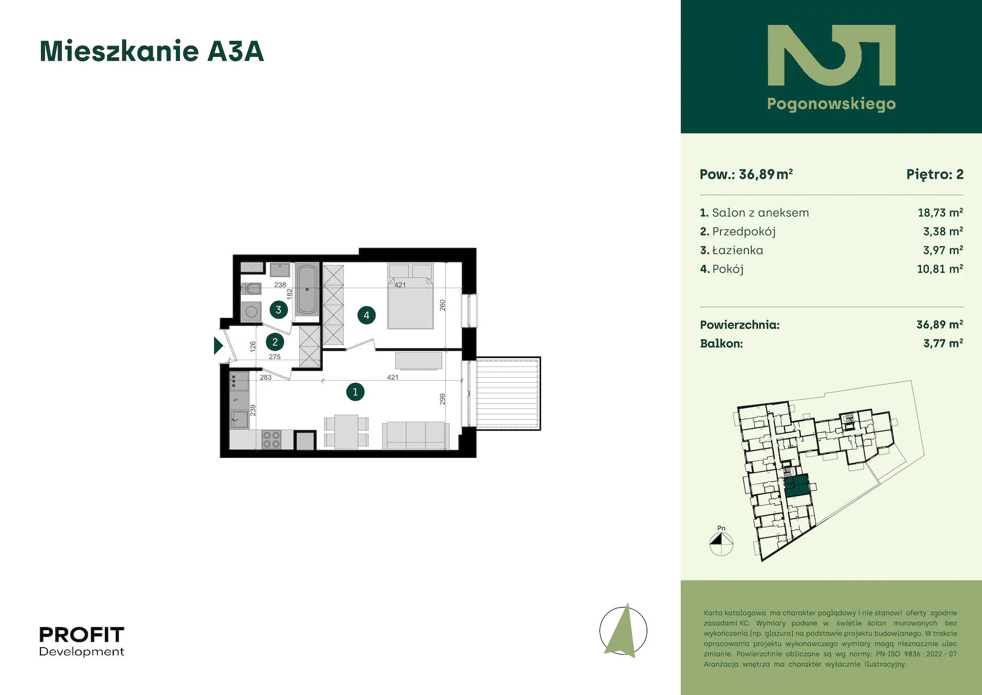 2 pokoje, mieszkanie 36,89 m², piętro 2, oferta nr POGO2/A/3A, Pogonowskiego 52, Łódź, Polesie, Stare Polesie, ul. Pogonowskiego 52