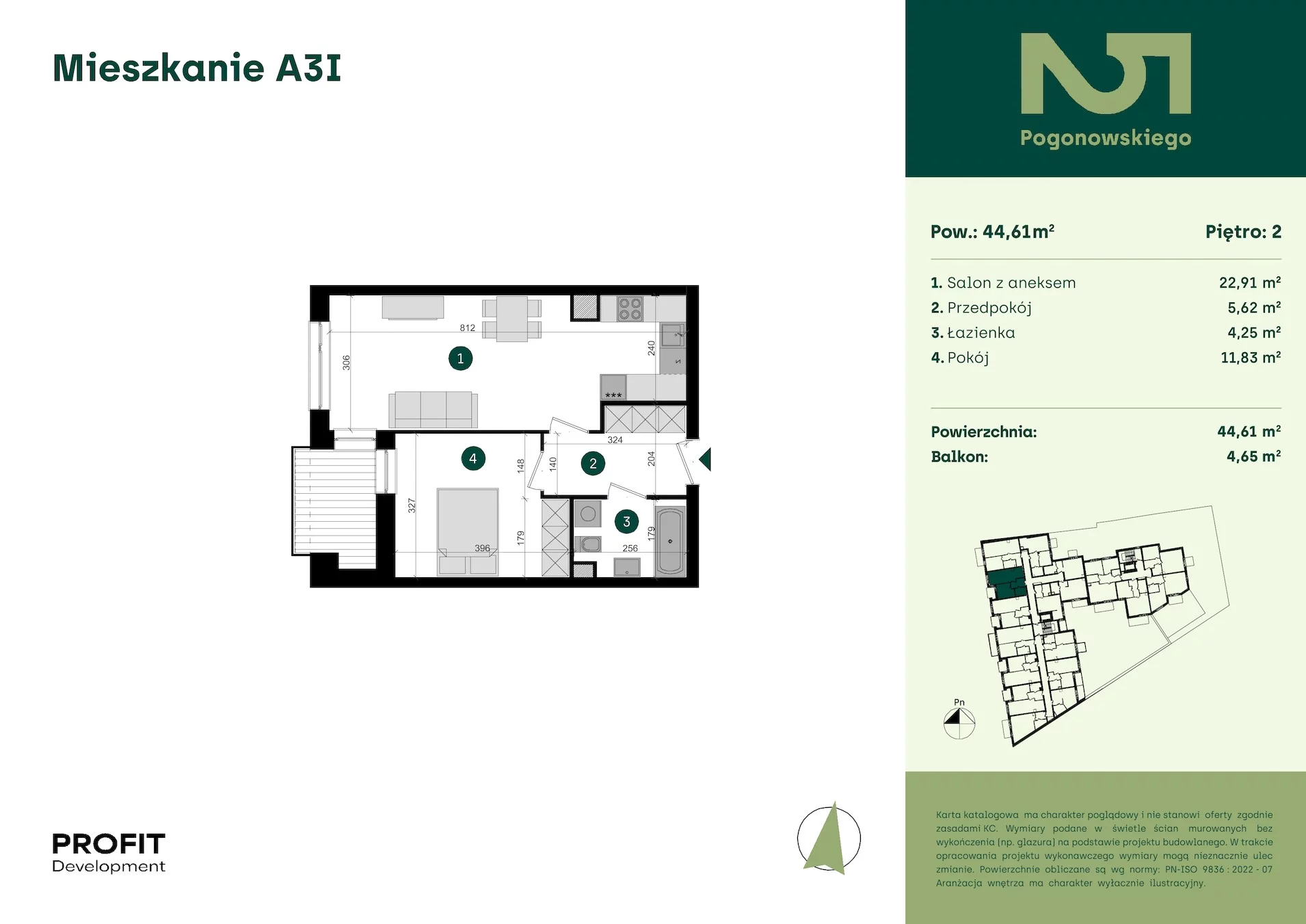 2 pokoje, mieszkanie 44,61 m², piętro 2, oferta nr POGO2/A/3I, Pogonowskiego 52, Łódź, Polesie, Stare Polesie, ul. Pogonowskiego 52