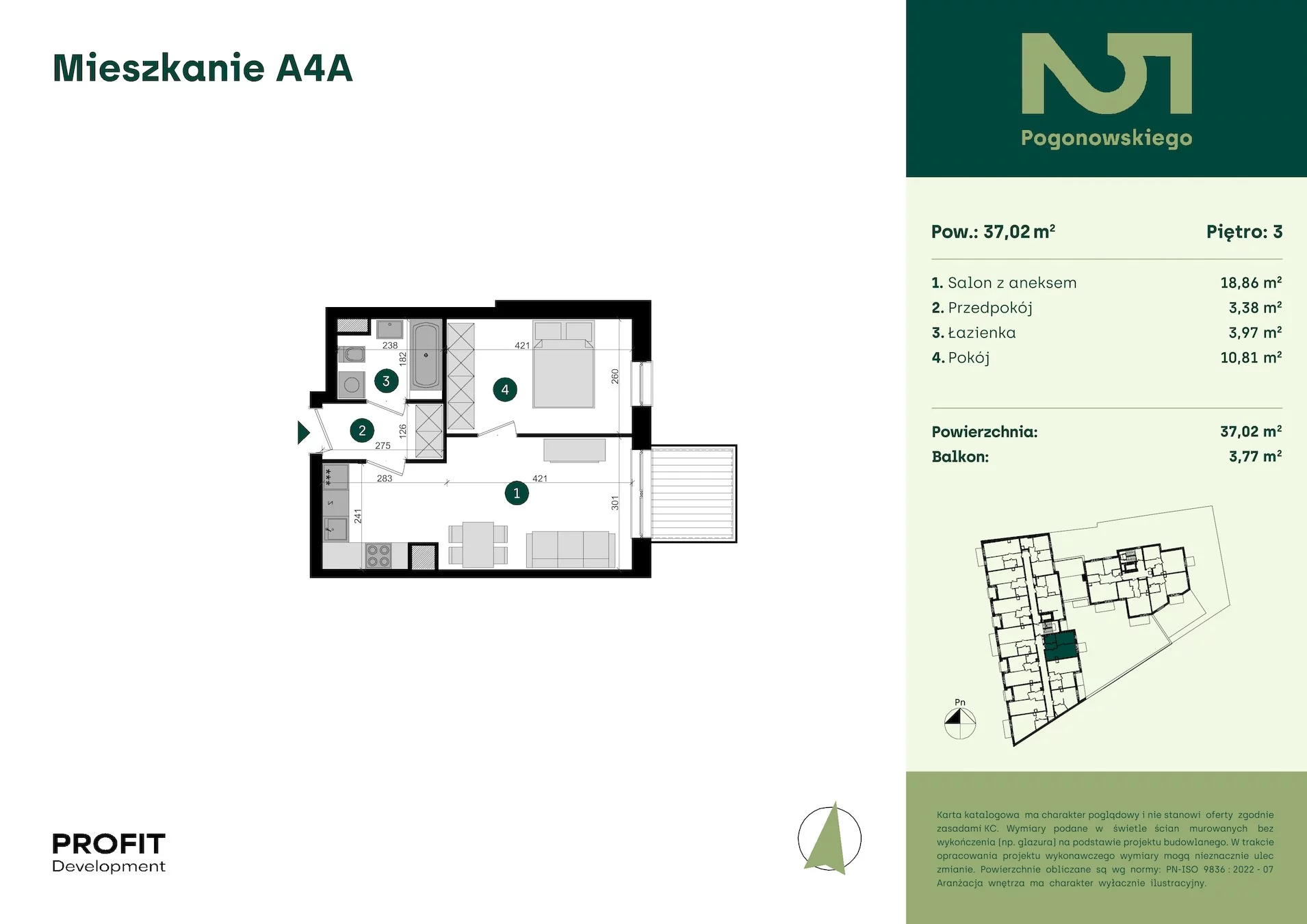 2 pokoje, mieszkanie 37,02 m², piętro 3, oferta nr POGO2/A/4A, Pogonowskiego 52, Łódź, Polesie, Stare Polesie, ul. Pogonowskiego 52