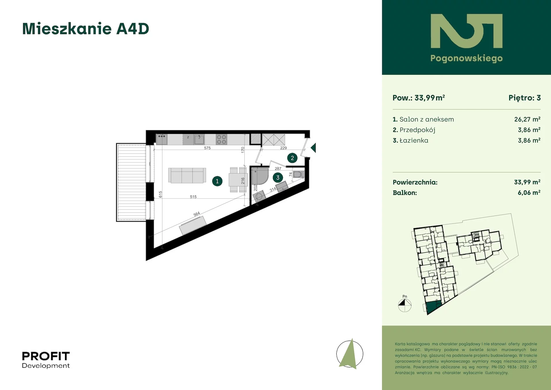1 pokój, mieszkanie 33,99 m², piętro 3, oferta nr POGO2/A/4D, Pogonowskiego 52, Łódź, Polesie, Stare Polesie, ul. Pogonowskiego 52