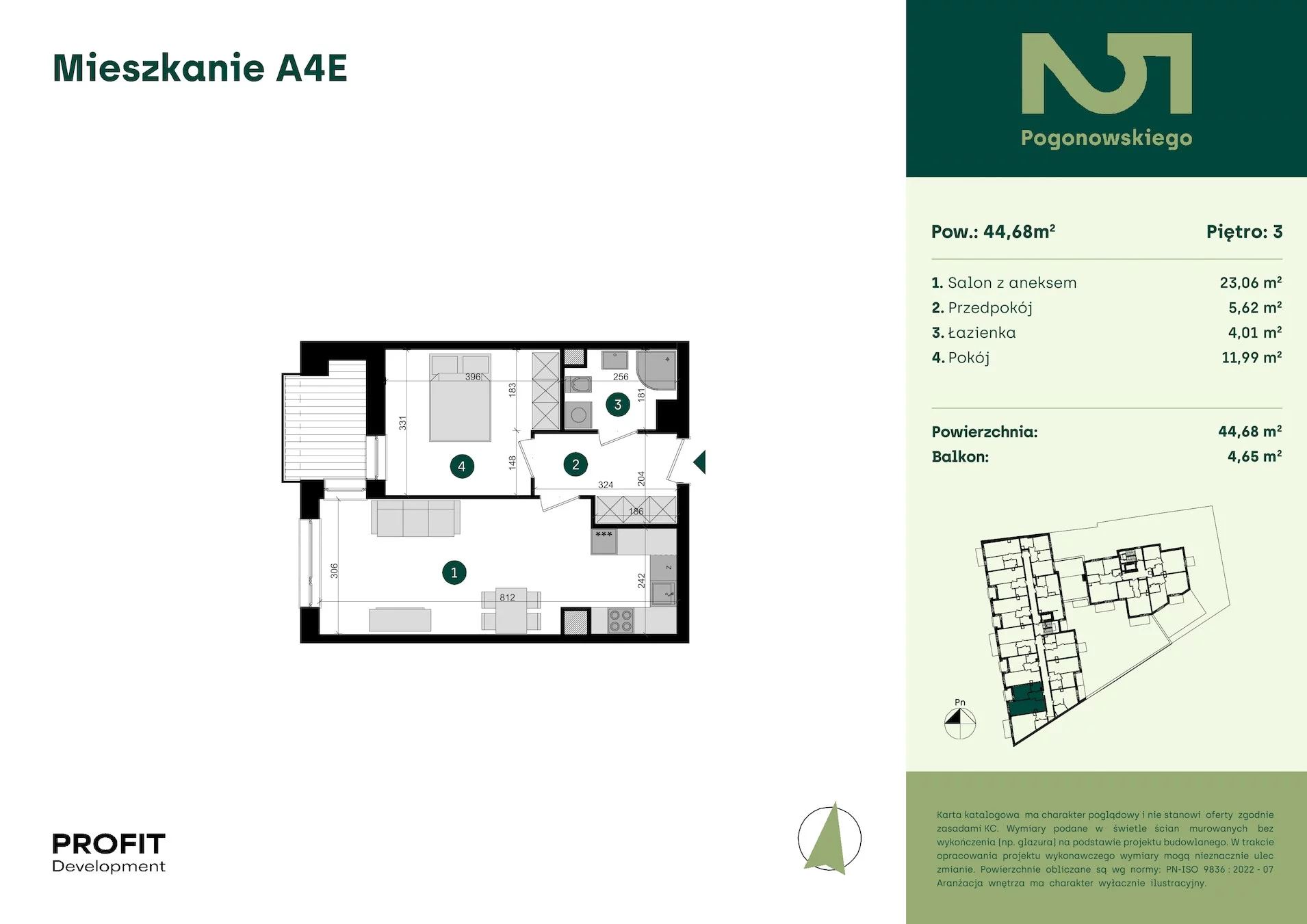 2 pokoje, mieszkanie 44,68 m², piętro 3, oferta nr POGO2/A/4E, Pogonowskiego 52, Łódź, Polesie, Stare Polesie, ul. Pogonowskiego 52