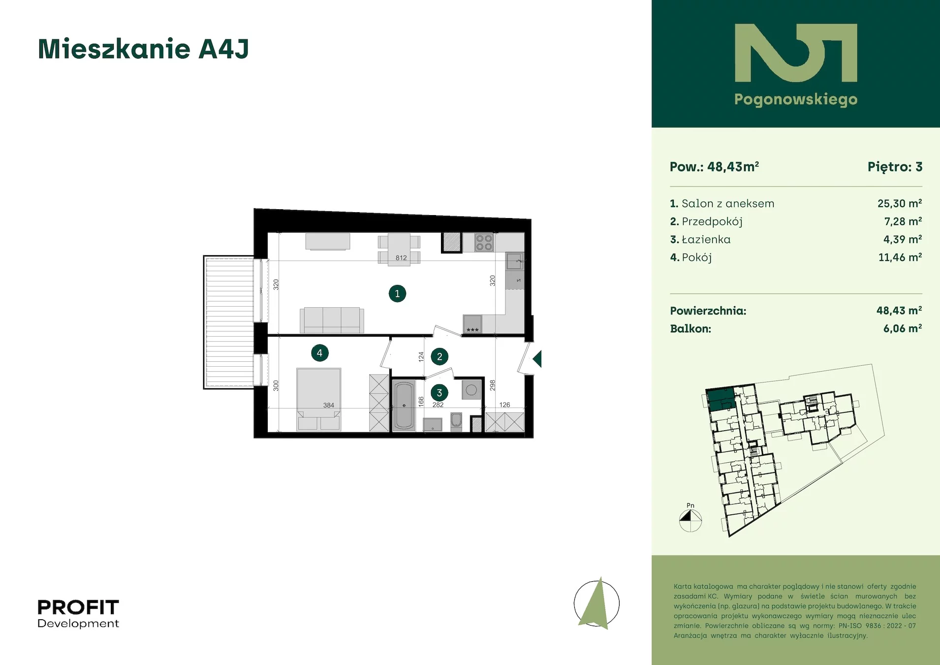 2 pokoje, mieszkanie 48,43 m², piętro 3, oferta nr POGO2/A/4J, Pogonowskiego 52, Łódź, Polesie, Stare Polesie, ul. Pogonowskiego 52