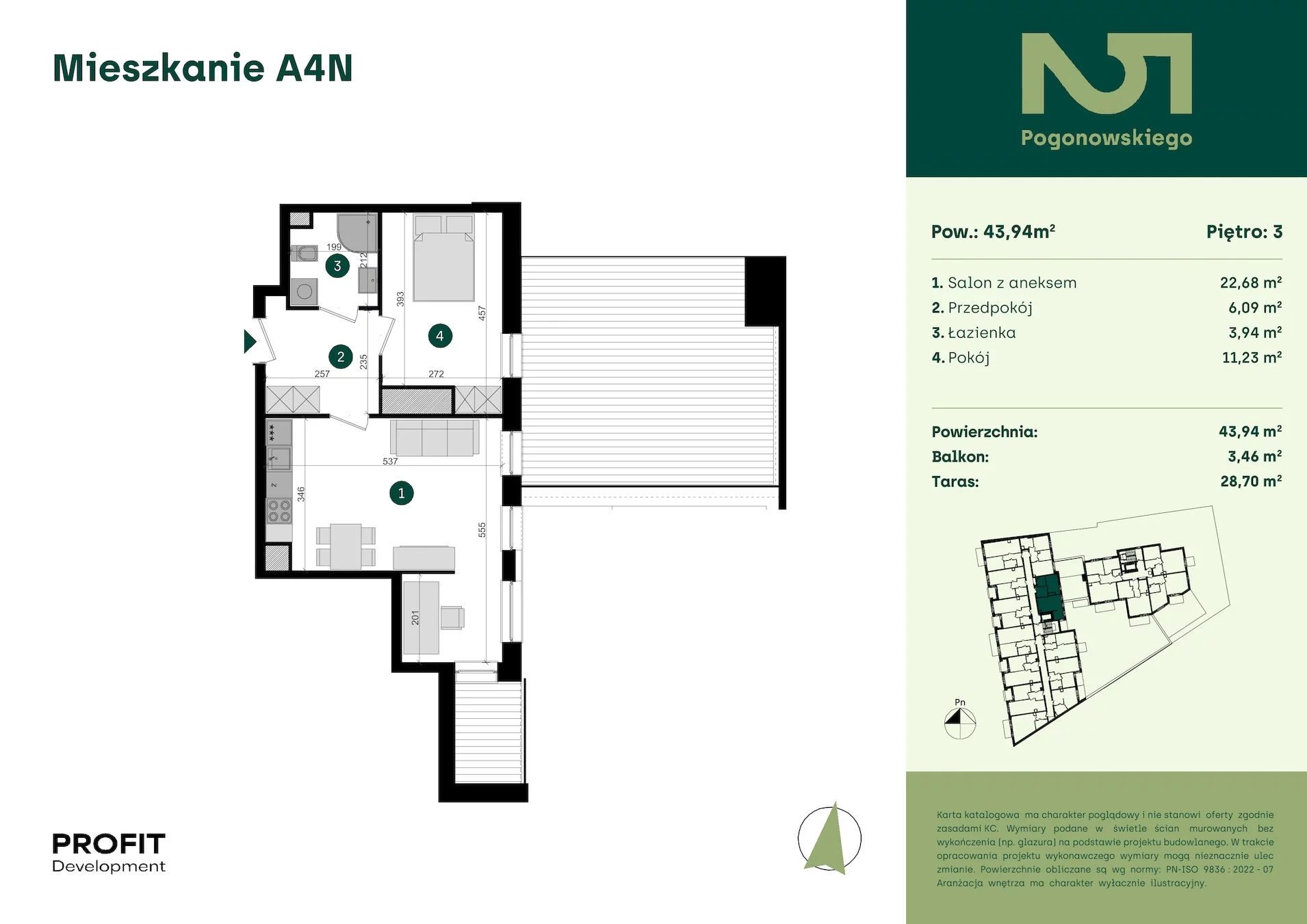 2 pokoje, mieszkanie 43,94 m², piętro 3, oferta nr POGO2/A/4N, Pogonowskiego 52, Łódź, Polesie, Stare Polesie, ul. Pogonowskiego 52