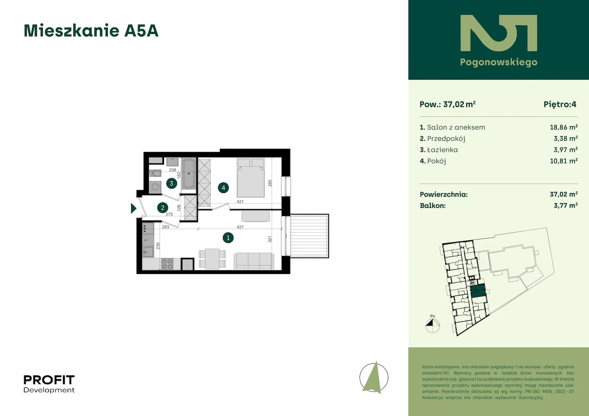 2 pokoje, mieszkanie 37,02 m², piętro 4, oferta nr POGO2/A/5A, Pogonowskiego 52, Łódź, Polesie, Stare Polesie, ul. Pogonowskiego 52