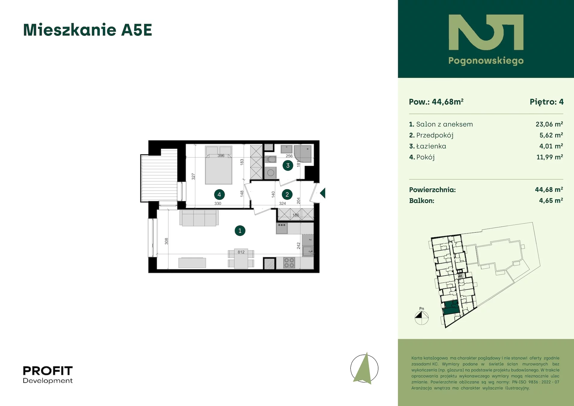 2 pokoje, mieszkanie 44,68 m², piętro 4, oferta nr POGO2/A/5E, Pogonowskiego 52, Łódź, Polesie, Stare Polesie, ul. Pogonowskiego 52