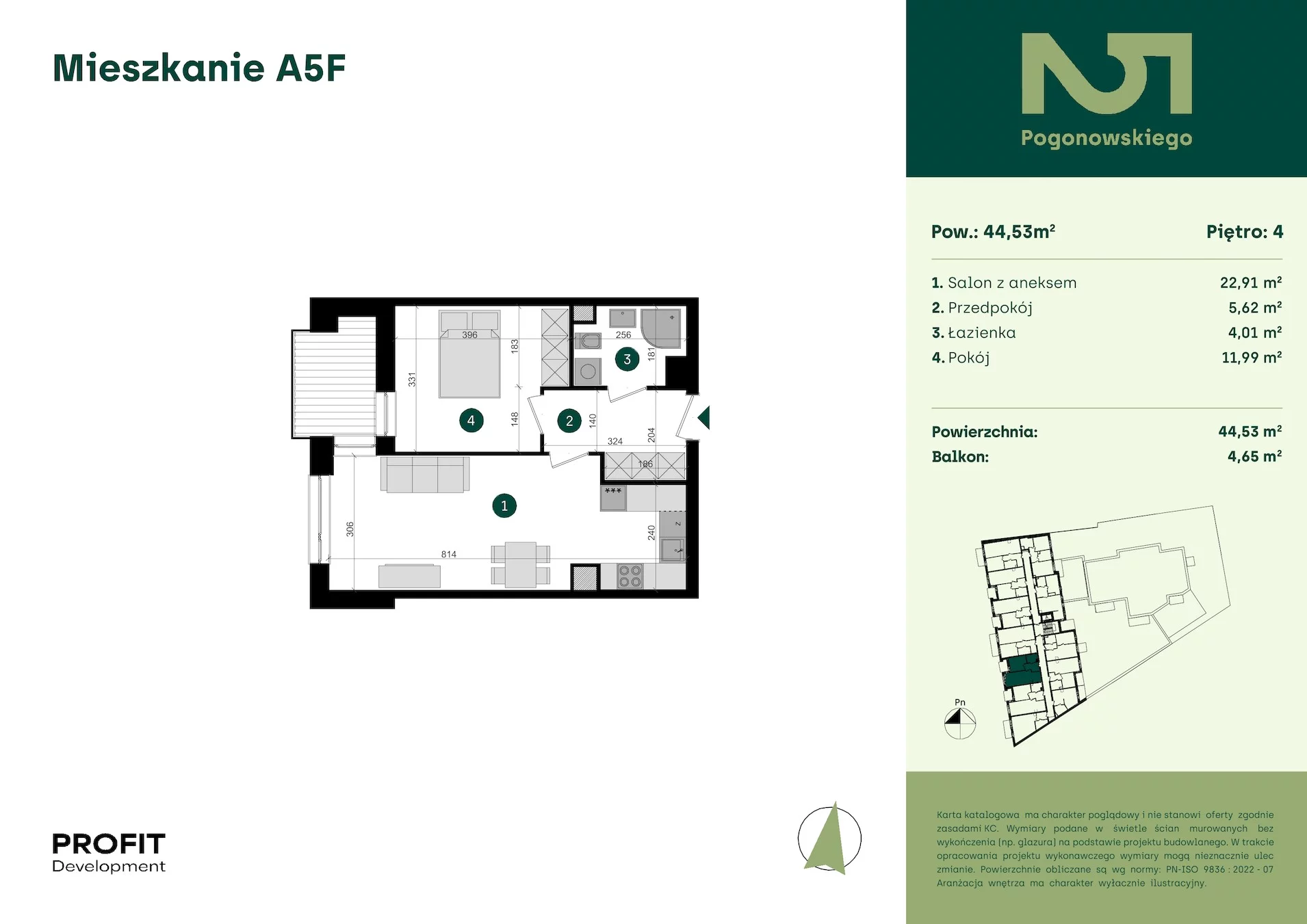 2 pokoje, mieszkanie 44,53 m², piętro 4, oferta nr POGO2/A/5F, Pogonowskiego 52, Łódź, Polesie, Stare Polesie, ul. Pogonowskiego 52