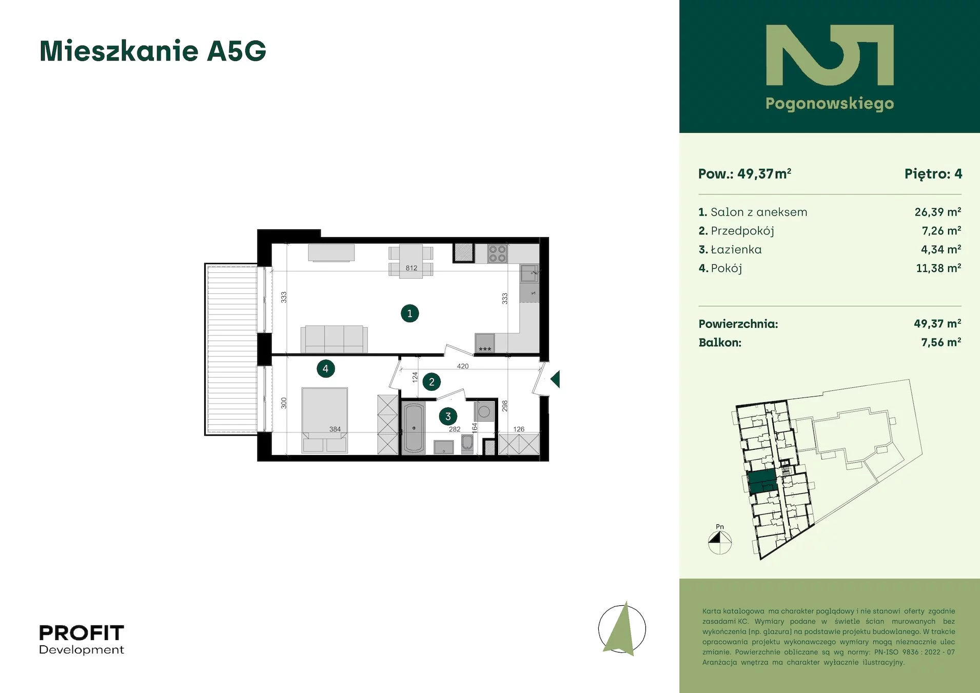 2 pokoje, mieszkanie 49,37 m², piętro 4, oferta nr POGO2/A/5G, Pogonowskiego 52, Łódź, Polesie, Stare Polesie, ul. Pogonowskiego 52