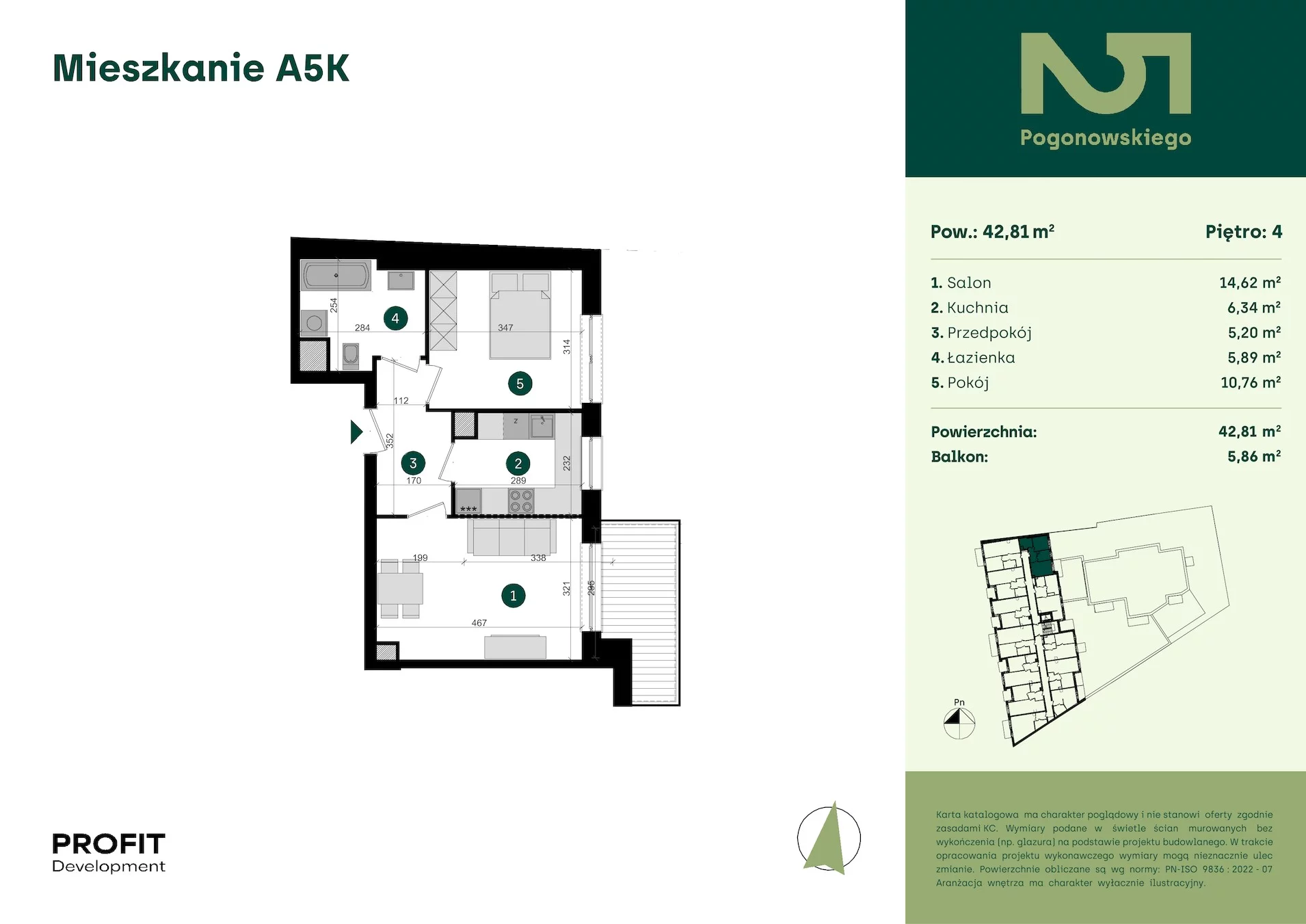 2 pokoje, mieszkanie 42,81 m², piętro 4, oferta nr POGO2/A/5K, Pogonowskiego 52, Łódź, Polesie, Stare Polesie, ul. Pogonowskiego 52