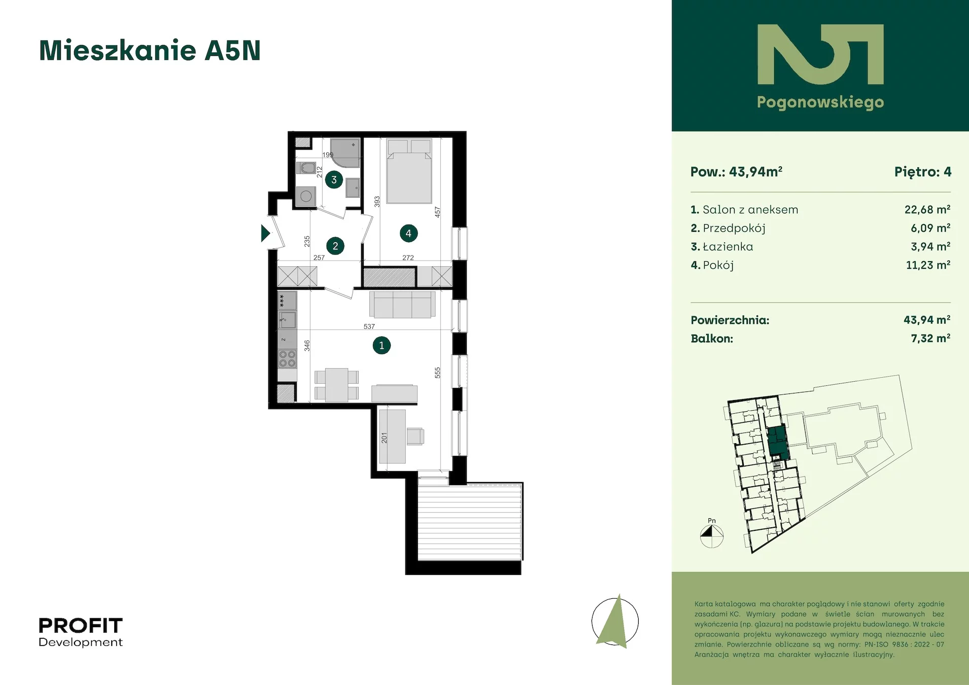 2 pokoje, mieszkanie 43,94 m², piętro 4, oferta nr POGO2/A/5N, Pogonowskiego 52, Łódź, Polesie, Stare Polesie, ul. Pogonowskiego 52