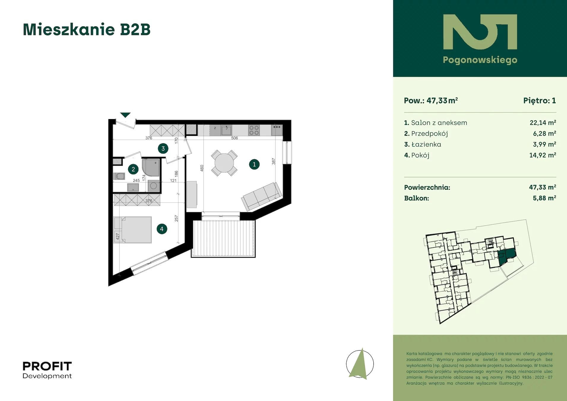2 pokoje, mieszkanie 47,33 m², piętro 1, oferta nr POGO2/B/2B, Pogonowskiego 52, Łódź, Polesie, Stare Polesie, ul. Pogonowskiego 52