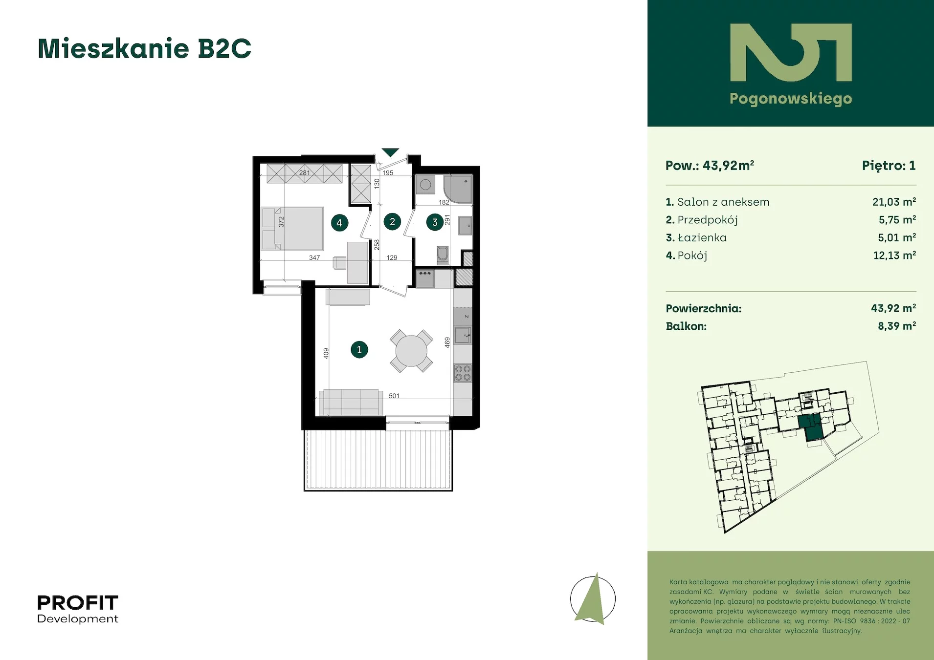 2 pokoje, mieszkanie 43,92 m², piętro 1, oferta nr POGO2/B/2C, Pogonowskiego 52, Łódź, Polesie, Stare Polesie, ul. Pogonowskiego 52