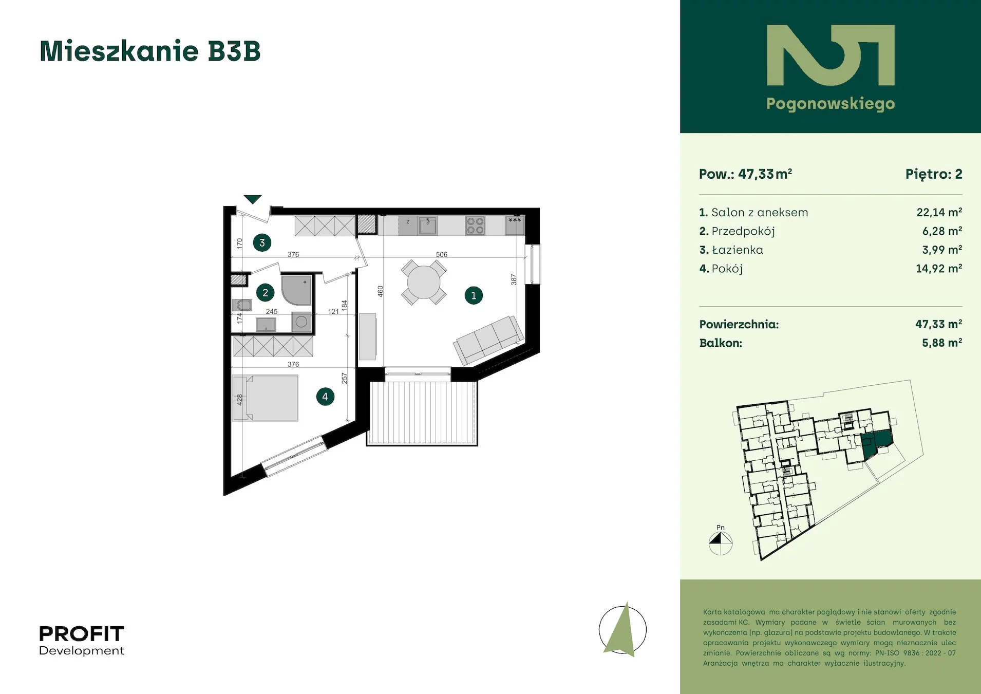 2 pokoje, mieszkanie 47,33 m², piętro 2, oferta nr POGO2/B/3B, Pogonowskiego 52, Łódź, Polesie, Stare Polesie, ul. Pogonowskiego 52